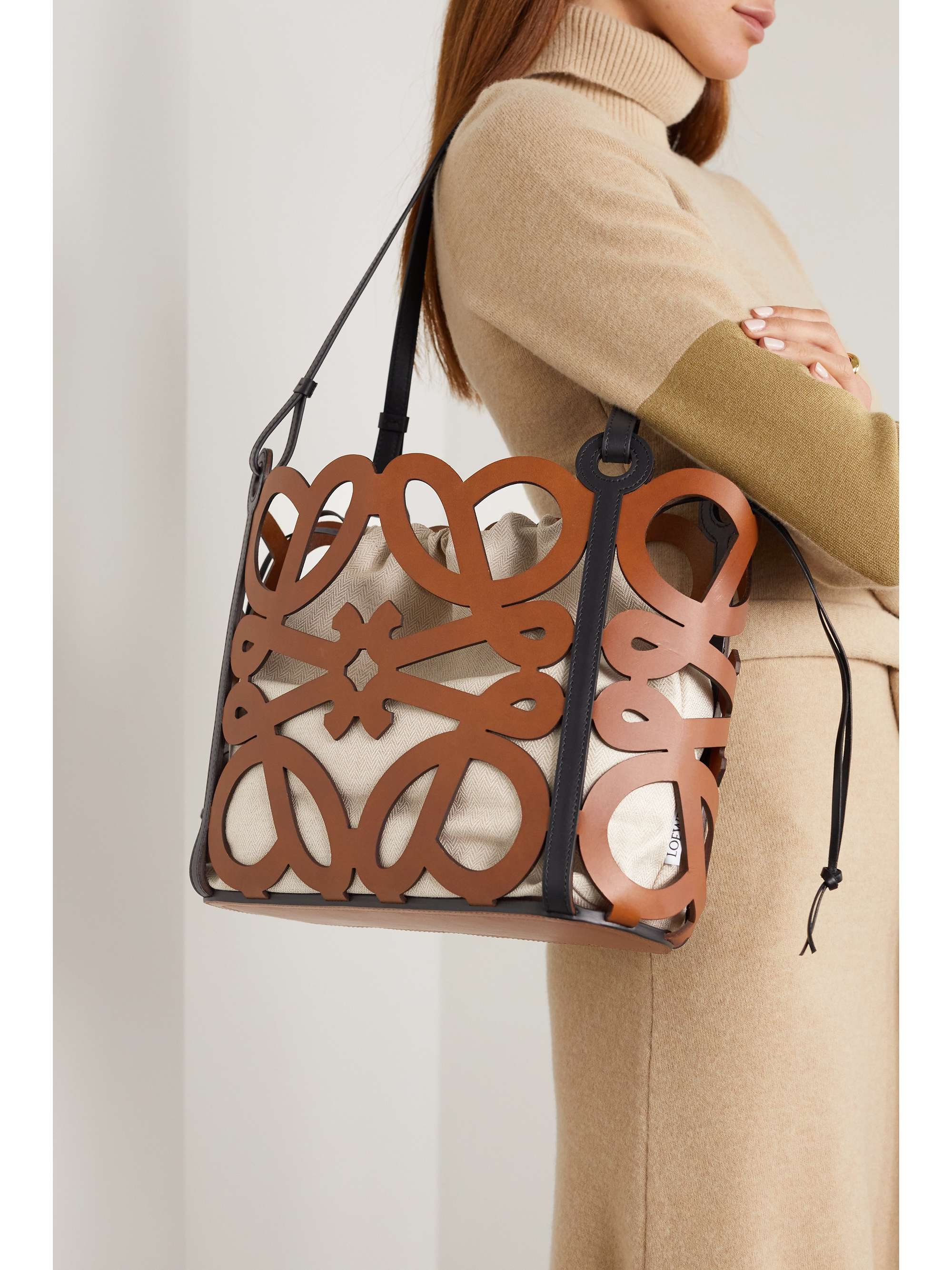 LOEWE Anagram small cutout leather and cotton-canvas tote