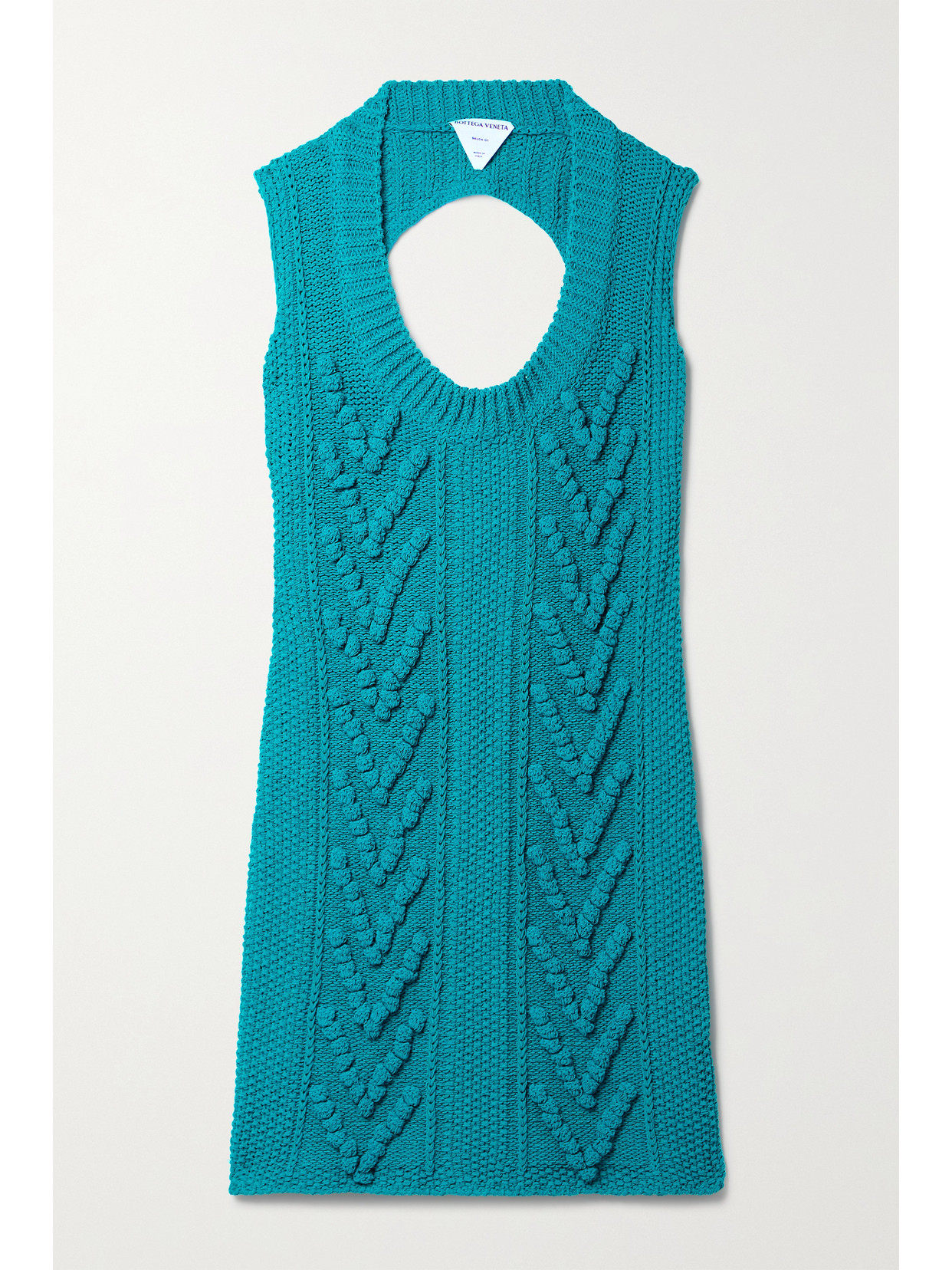 Bottega Veneta Cutout-back Cotton-blend Aran-knitted Mini Dress In Blue