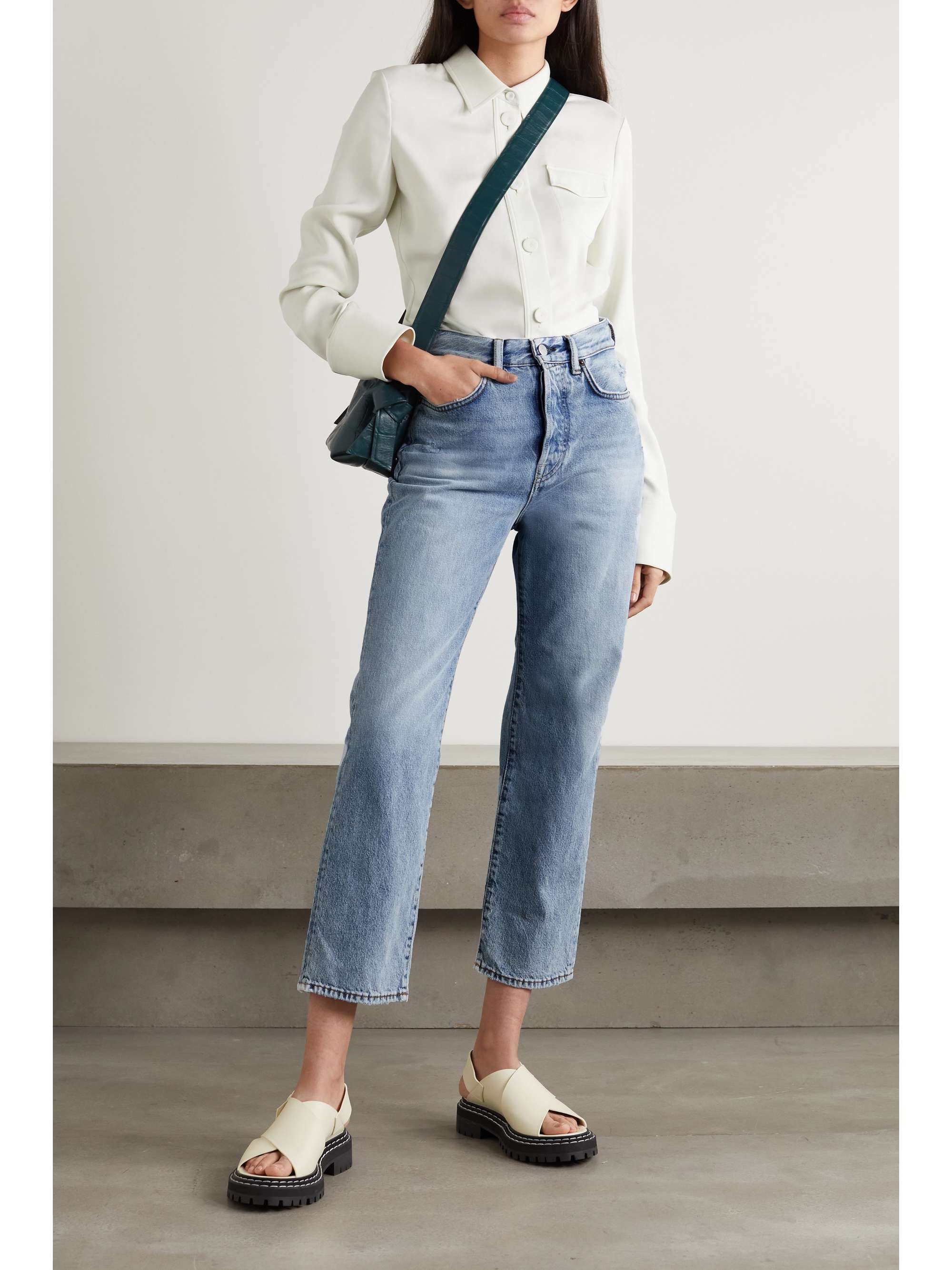 Distressed high-rise straight-leg jeans