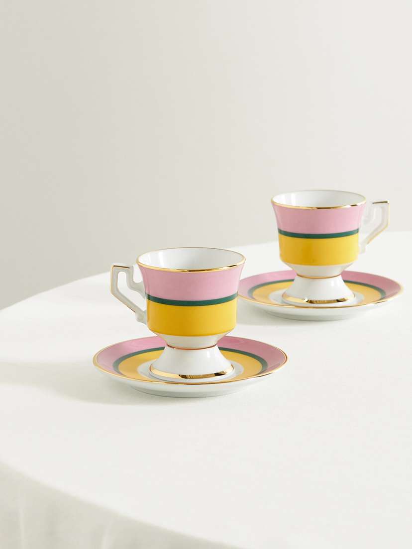 La DoubleJ Set Of Two Gold-plated Porcelain Espresso Cups And Saucers