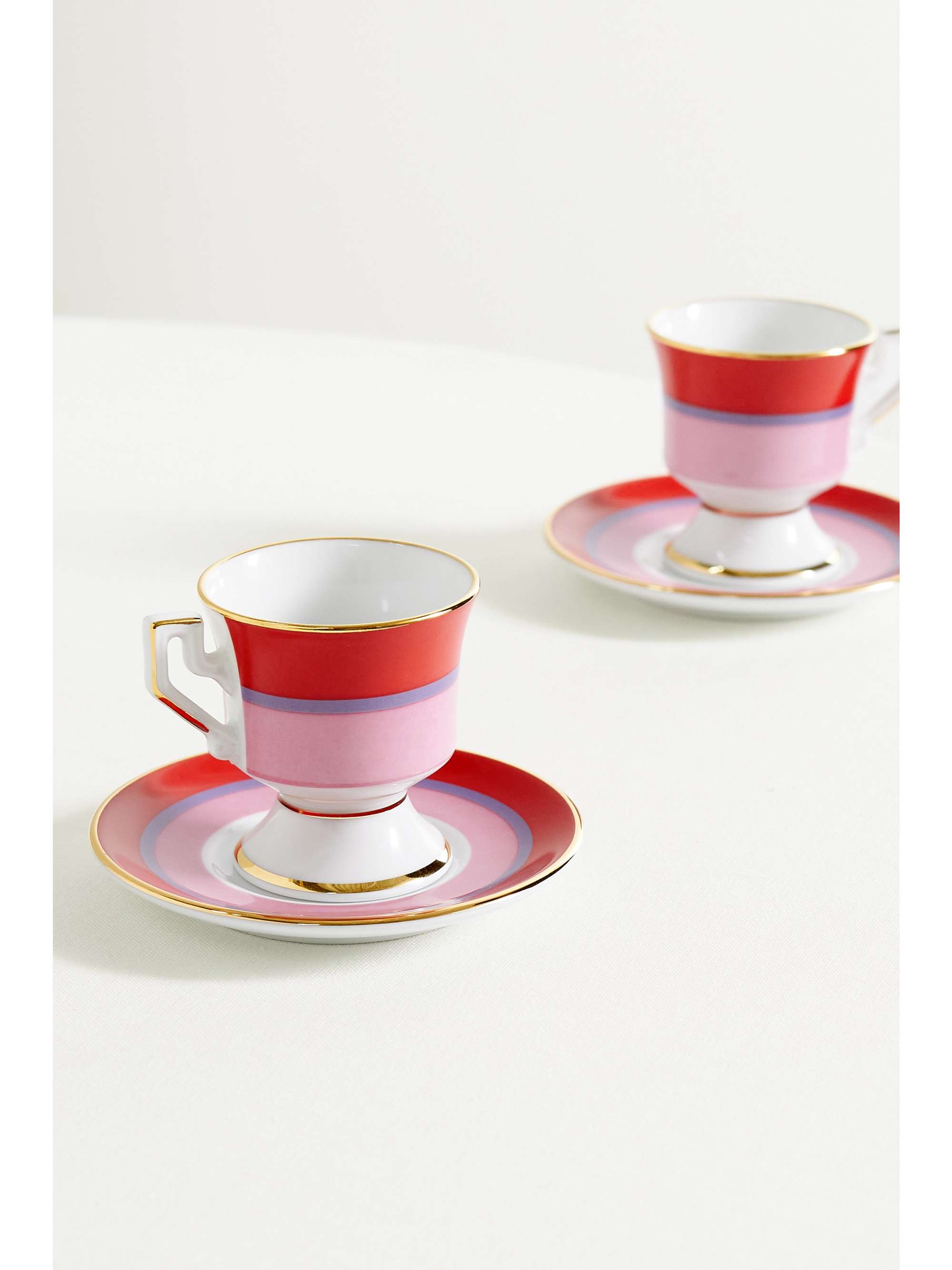LA DOUBLEJ Set de deux tasses à expresso et soucoupes en porcelaine plaquée or