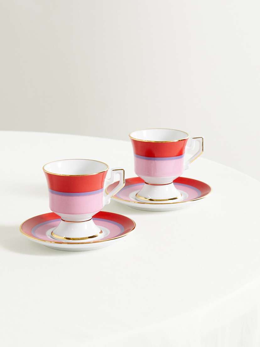 La DoubleJ Set Of Two Gold-plated Porcelain Espresso Cups And Saucers