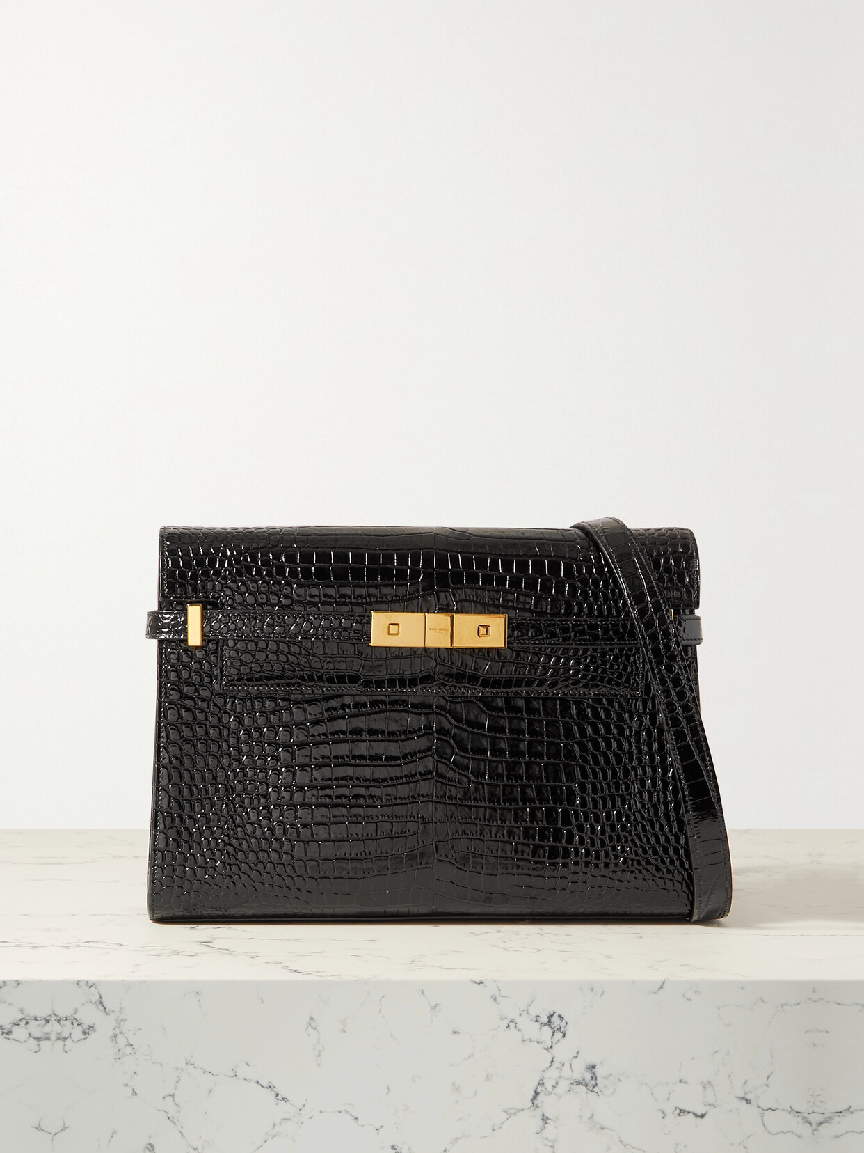 SAINT LAURENT MANHATTAN CROC-EFFECT PATENT-LEATHER SHOULDER BAG