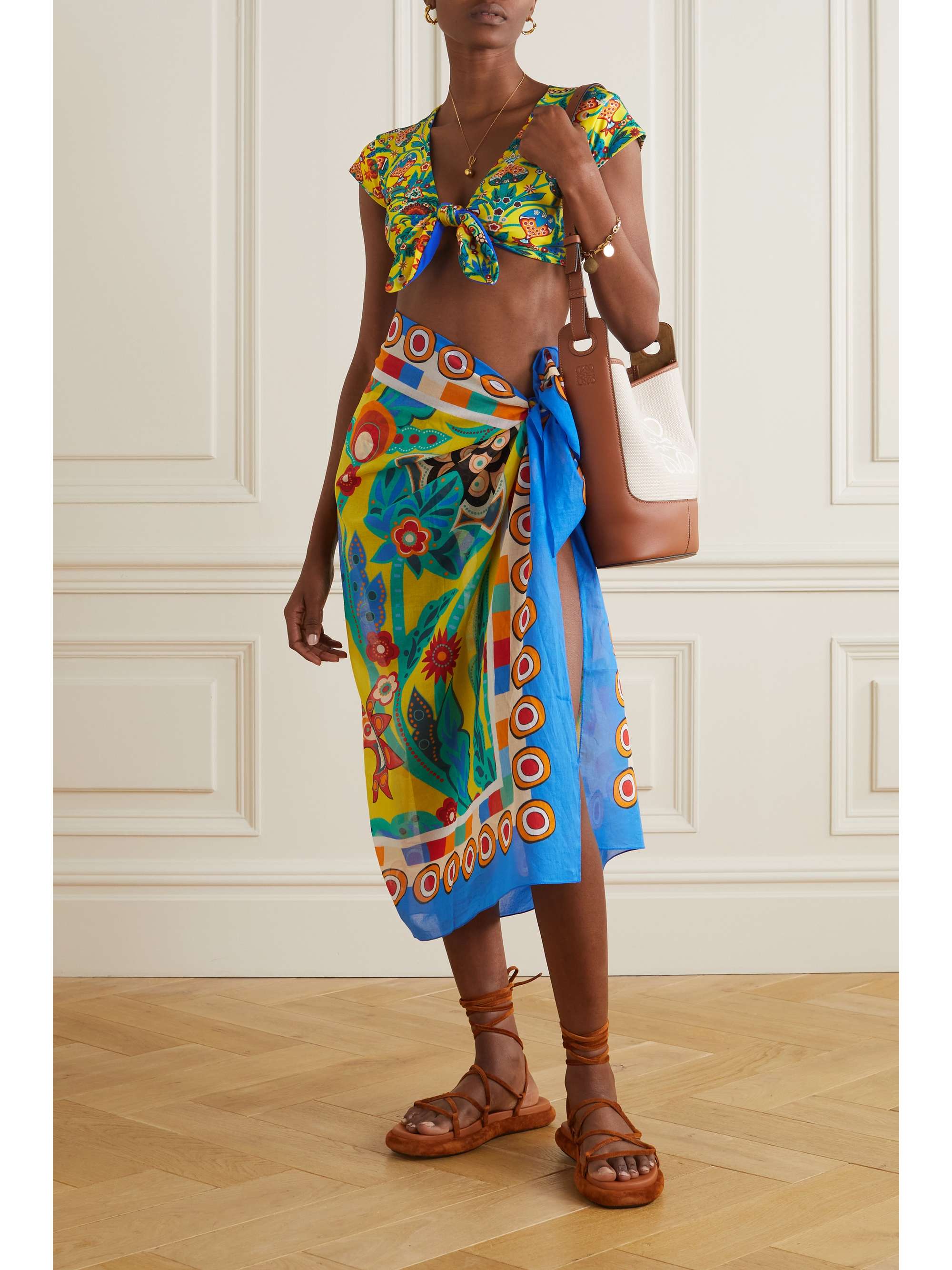 LA DOUBLEJ Bardot tie-detailed printed bikini top