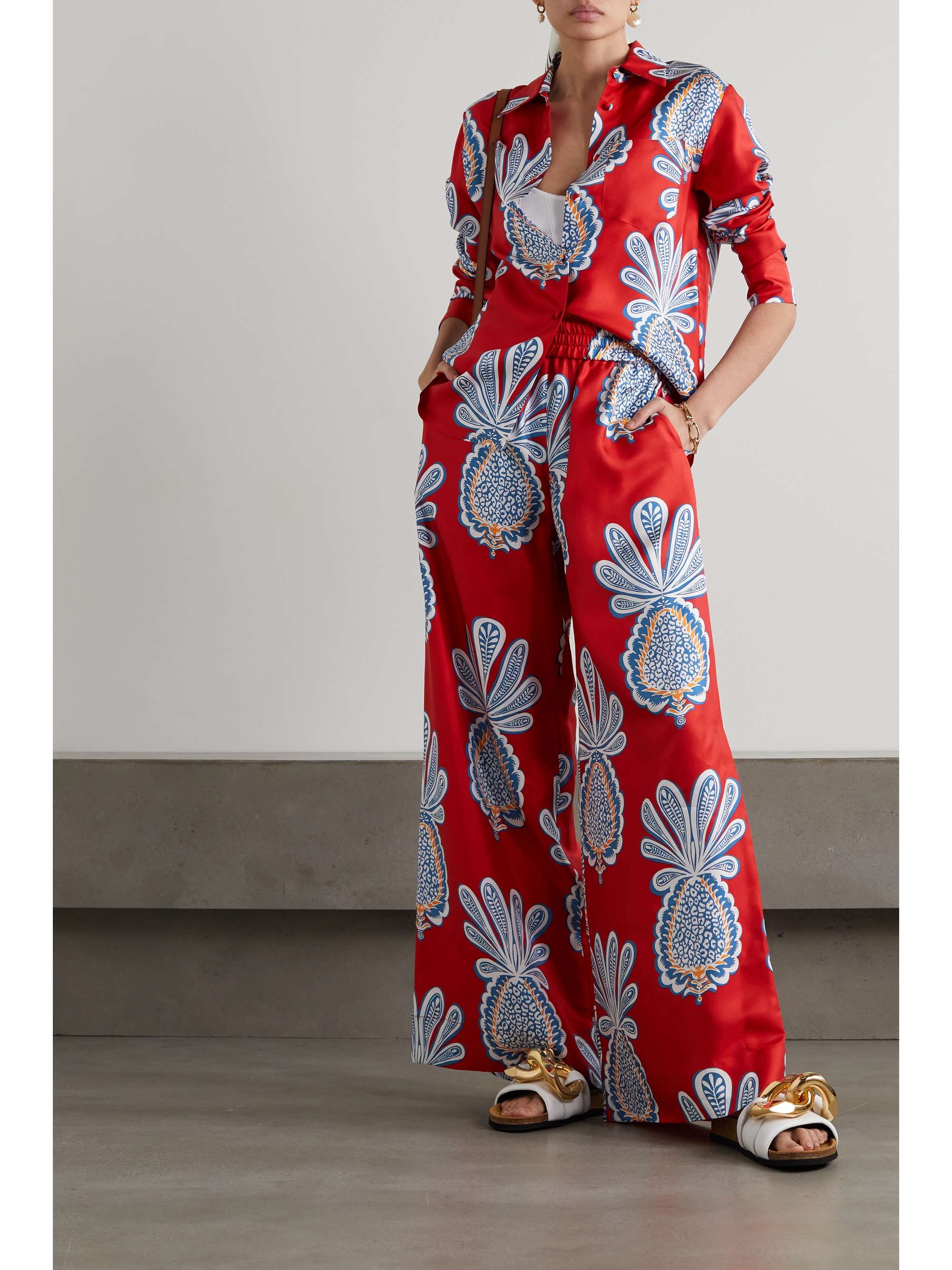 Red Printed silk-twill wide-leg pants 