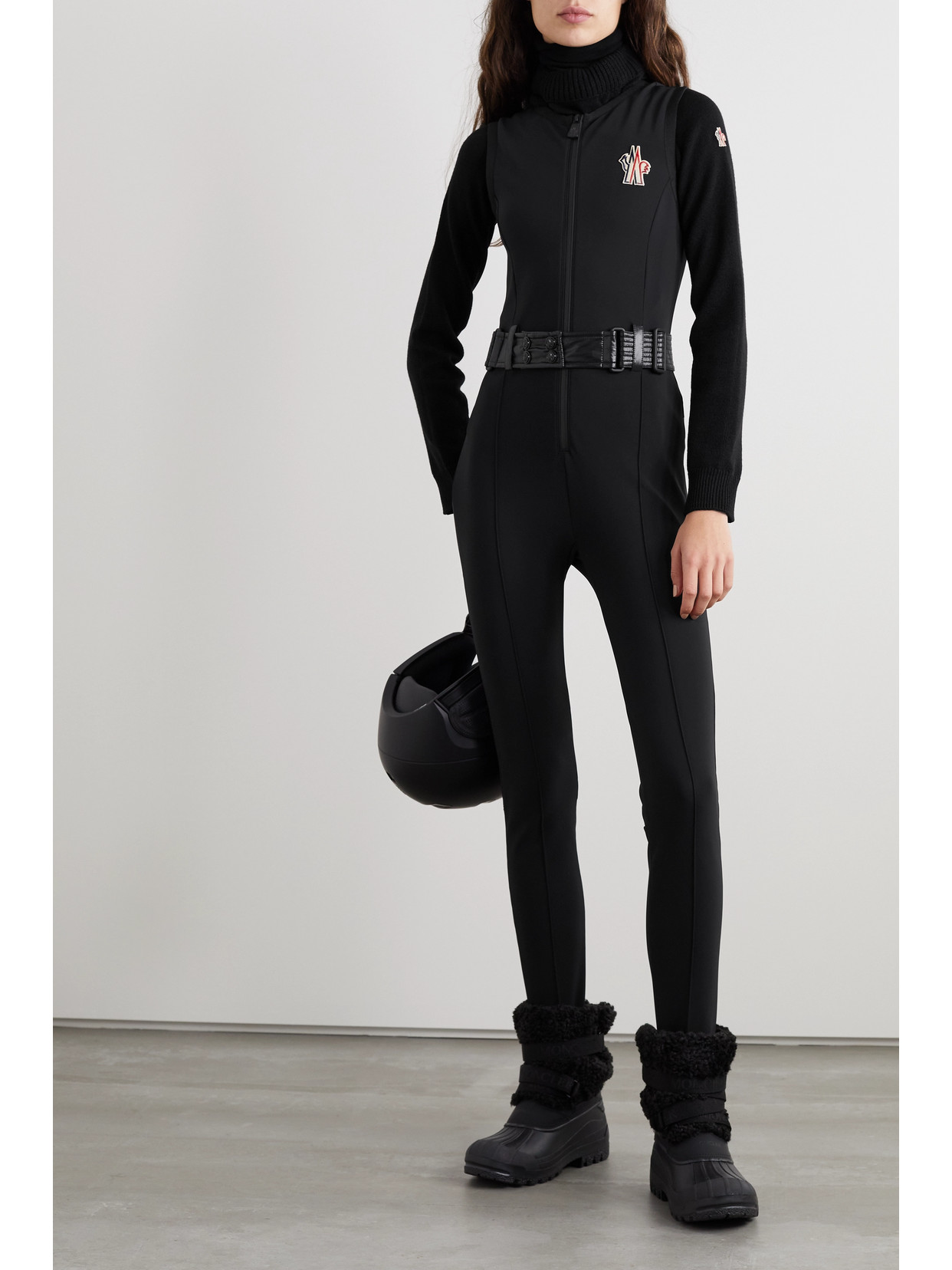 Shop Moncler Tuta Belted Paneled Ski Suit In Black