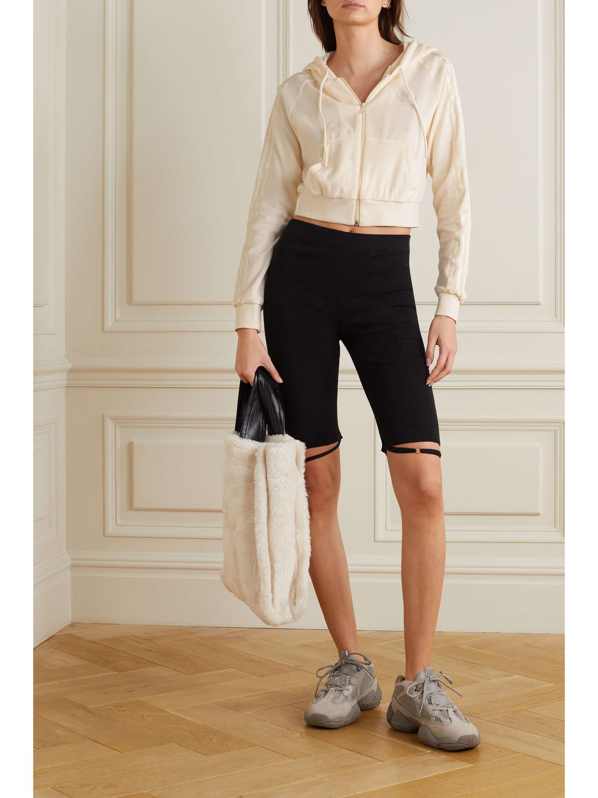 Off-white Cropped cotton-blend velour hoodie | ADIDAS ORIGINALS | NET-A-PORTER