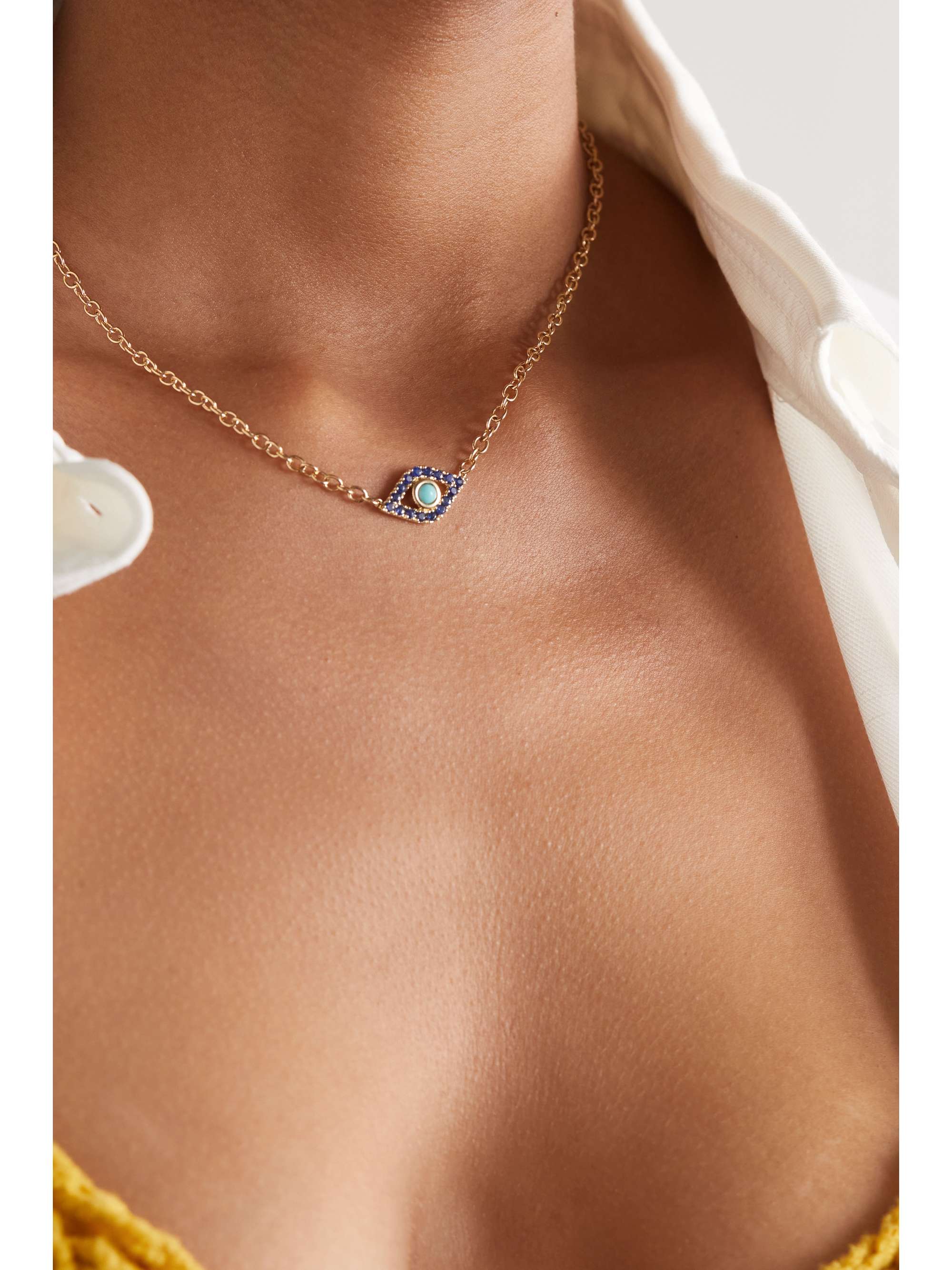 SYDNEY EVAN Extra Large Evil Eye 14-karat gold, sapphire and turquoise necklace