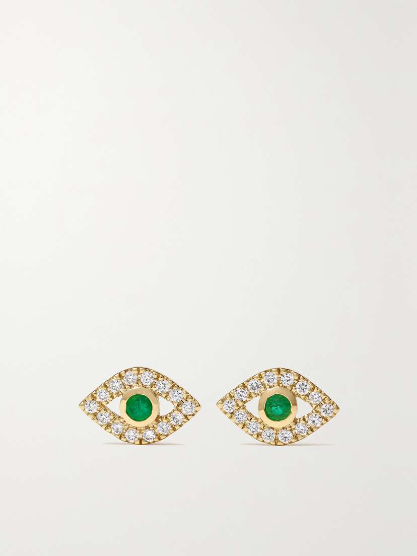 Sydney Evan Small Evil Eye 14-karat Gold, Diamond And Emerald Earrings