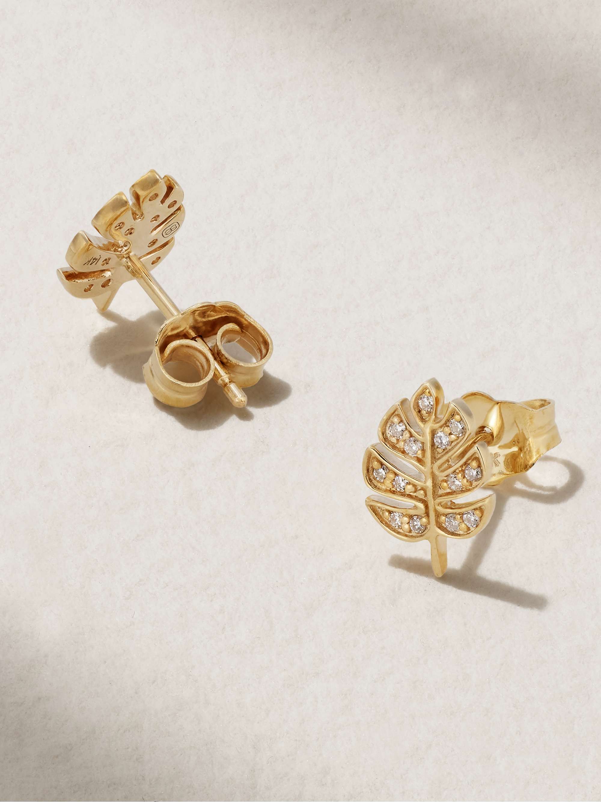SYDNEY EVAN Tiny Monstera Leaf 14-karat gold diamond earrings