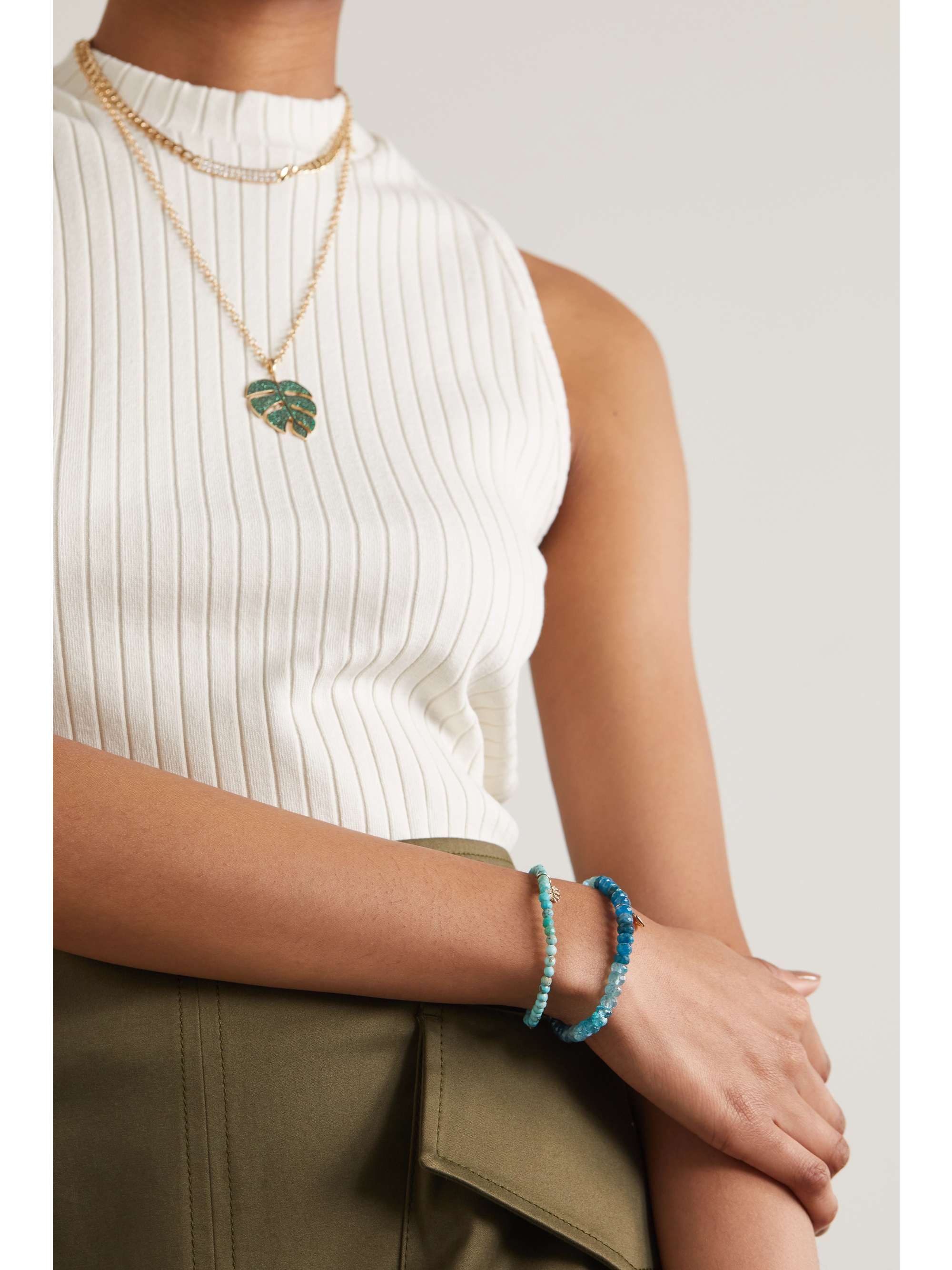 SYDNEY EVAN Tiny Monstera Leaf 14-karat gold multi-stone bracelet