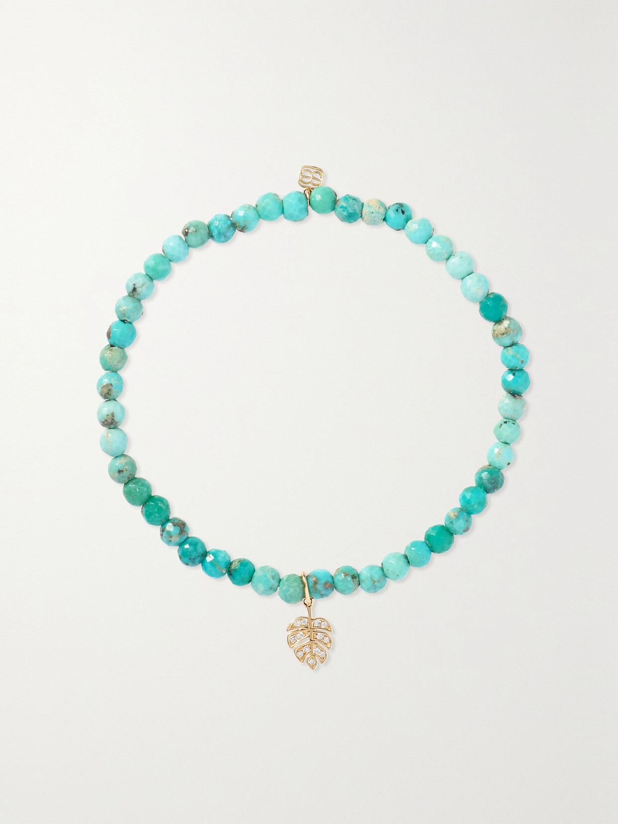 Sydney Evan Tiny Monstera Leaf 14kt Gold Beaded Charm Bracelet With Diamonds In Gold