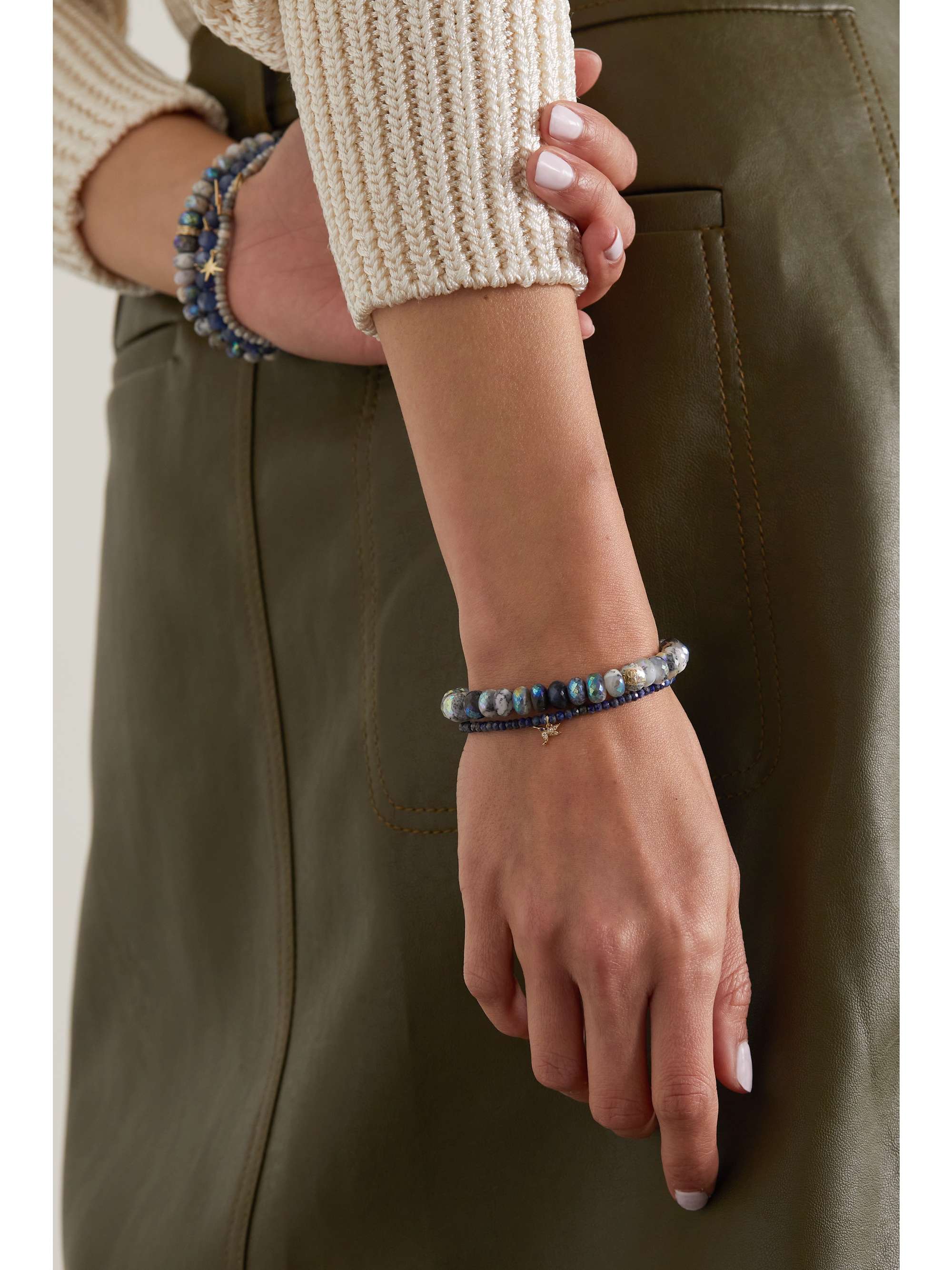 SYDNEY EVAN Tiny Monstera Leaf 14-karat gold multi-stone bracelet