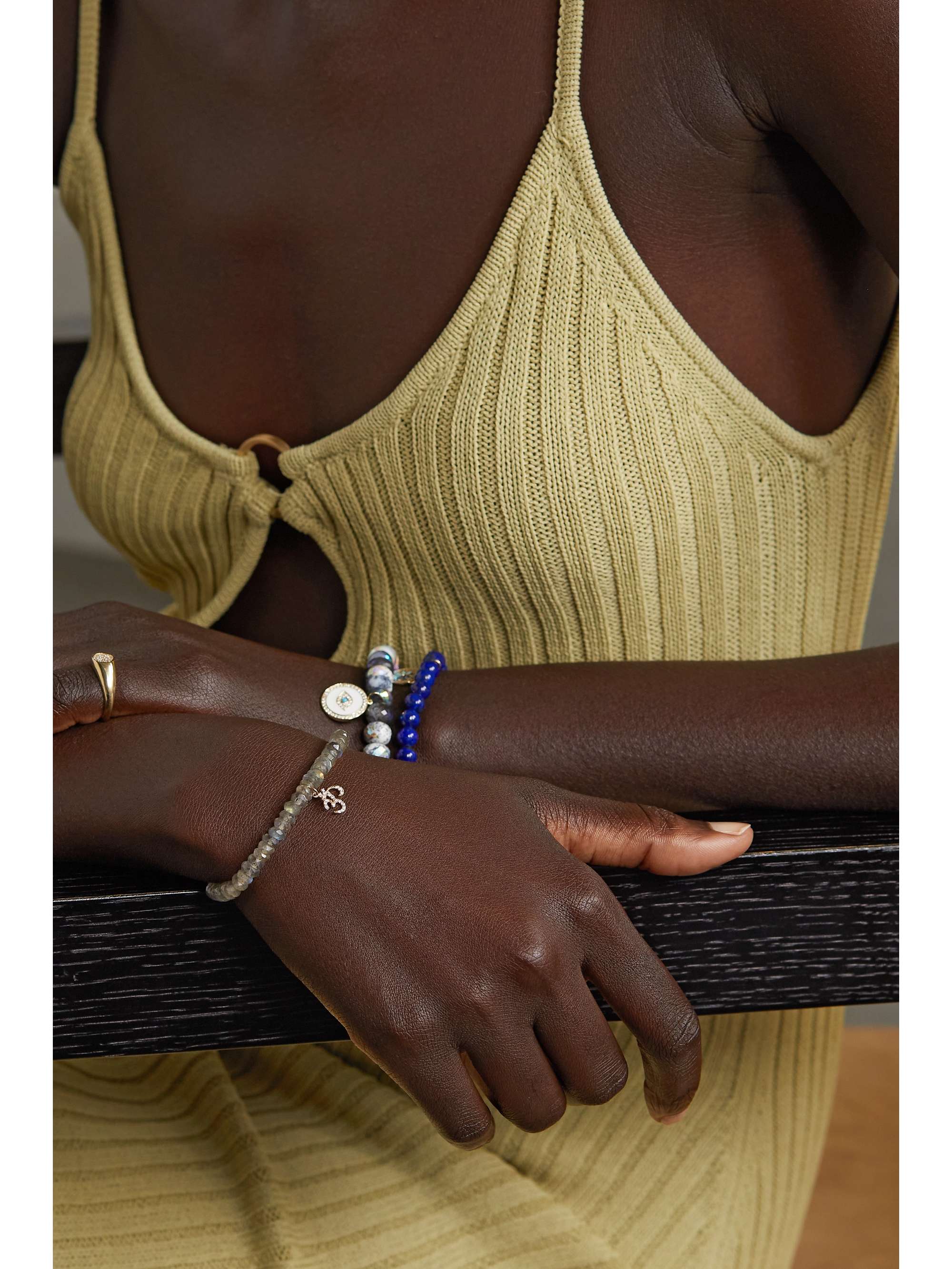 SYDNEY EVAN Small Om 14-karat gold, labradorite and diamond bracelet