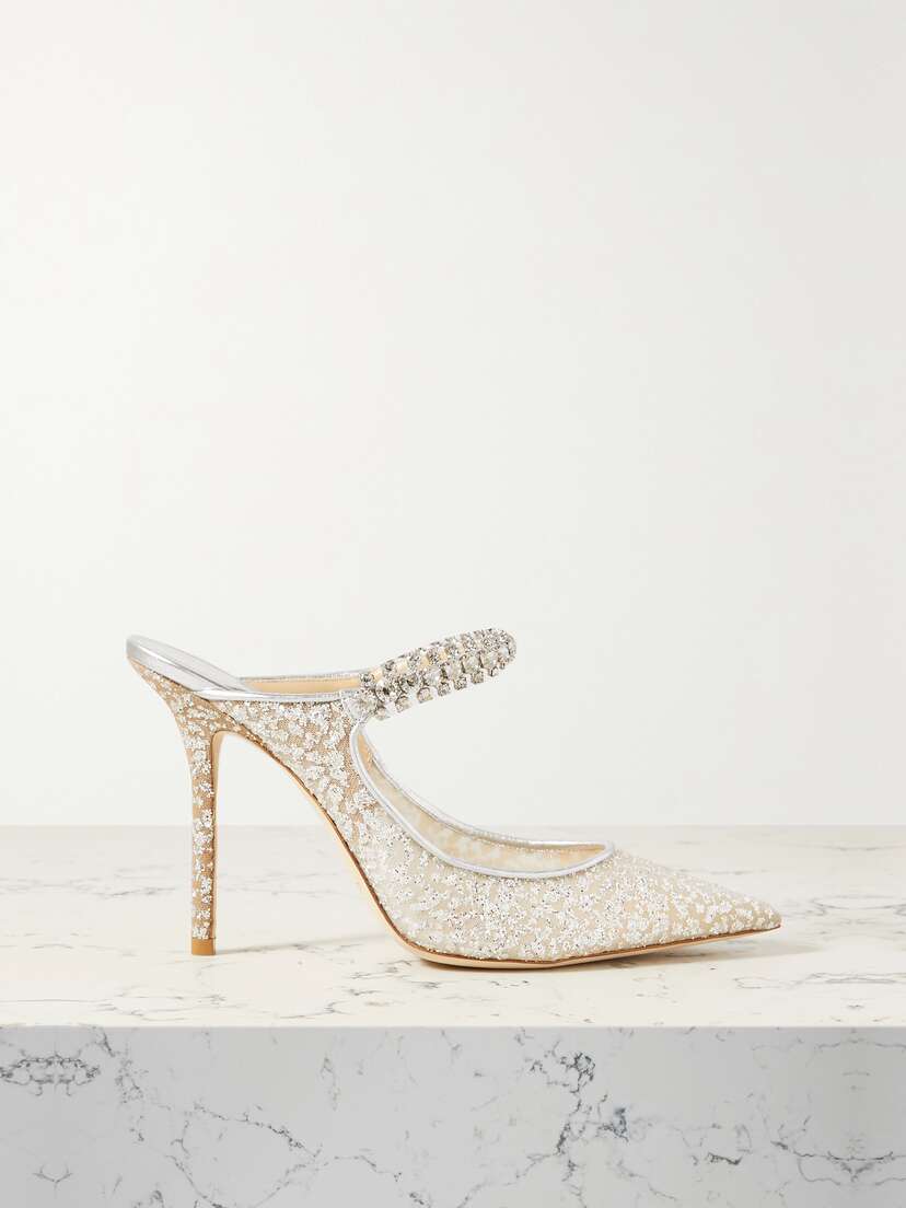 Jimmy Choo Bing 100 Crystal-embellished Leather-trimmed Glittered Tulle Mules