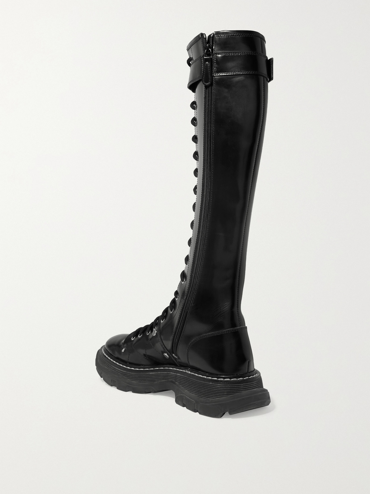 Shop Alexander Mcqueen Slick Glossed-leather Exaggerated-sole Knee Boots In Unknown