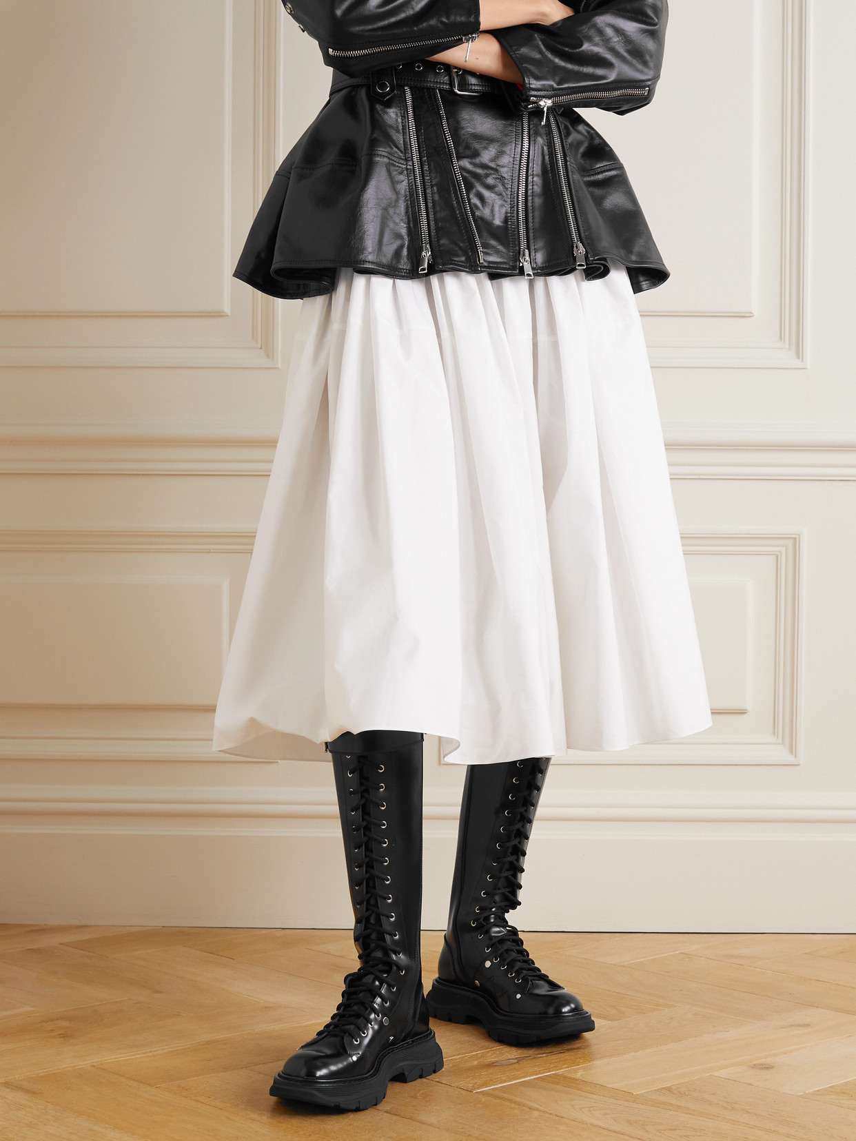 Shop Alexander Mcqueen Slick Glossed-leather Exaggerated-sole Knee Boots In Unknown