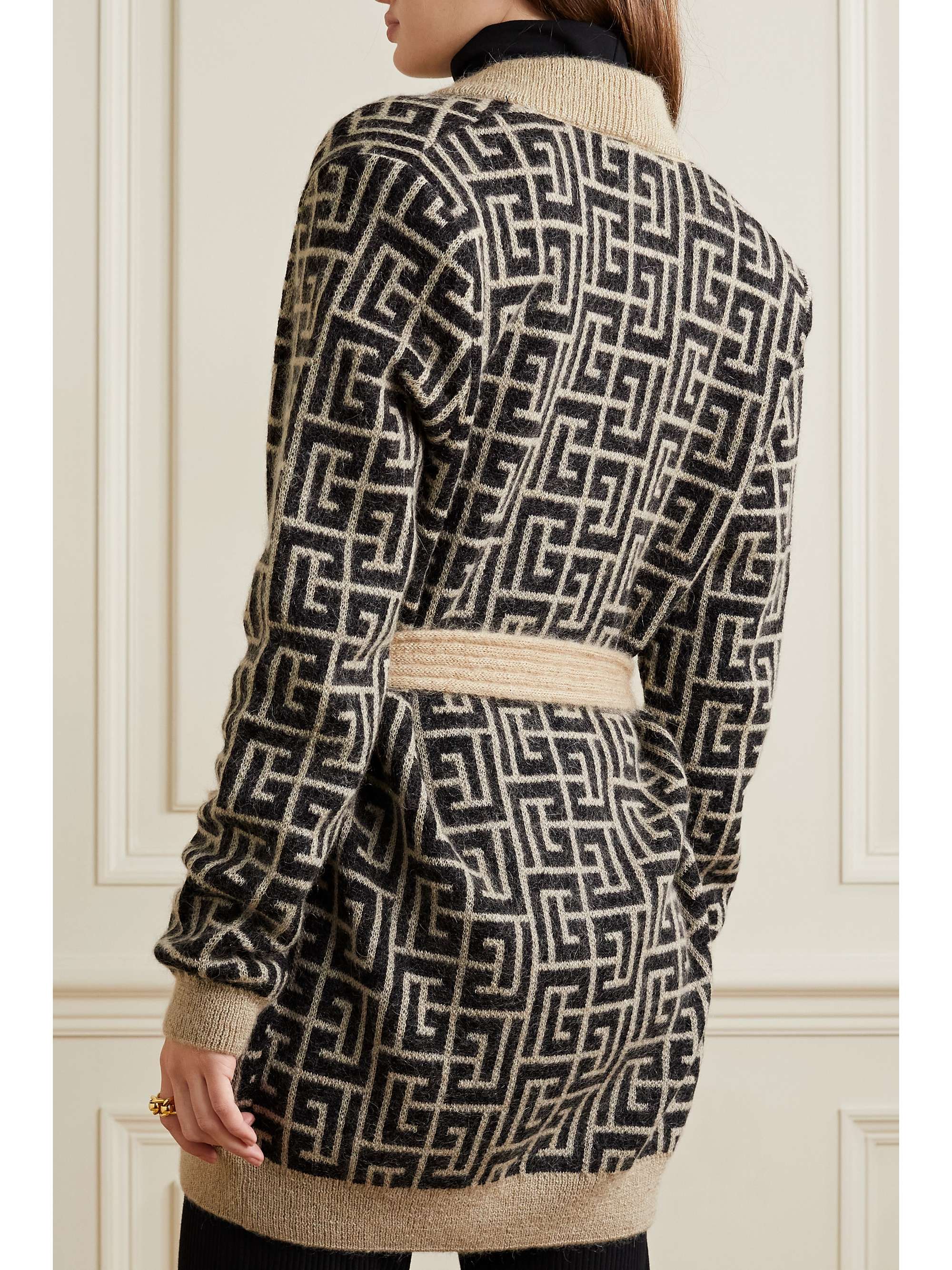 BALMAIN + Rossignol Ski belted jacquard-knit merino wool-blend cardigan