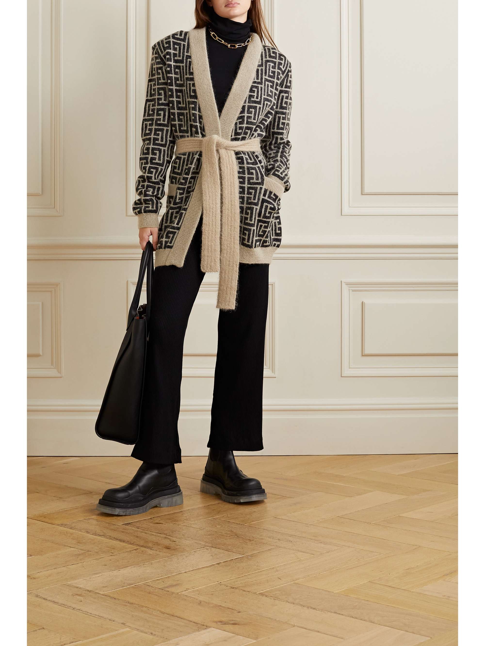 BALMAIN + Rossignol Ski belted jacquard-knit merino wool-blend cardigan