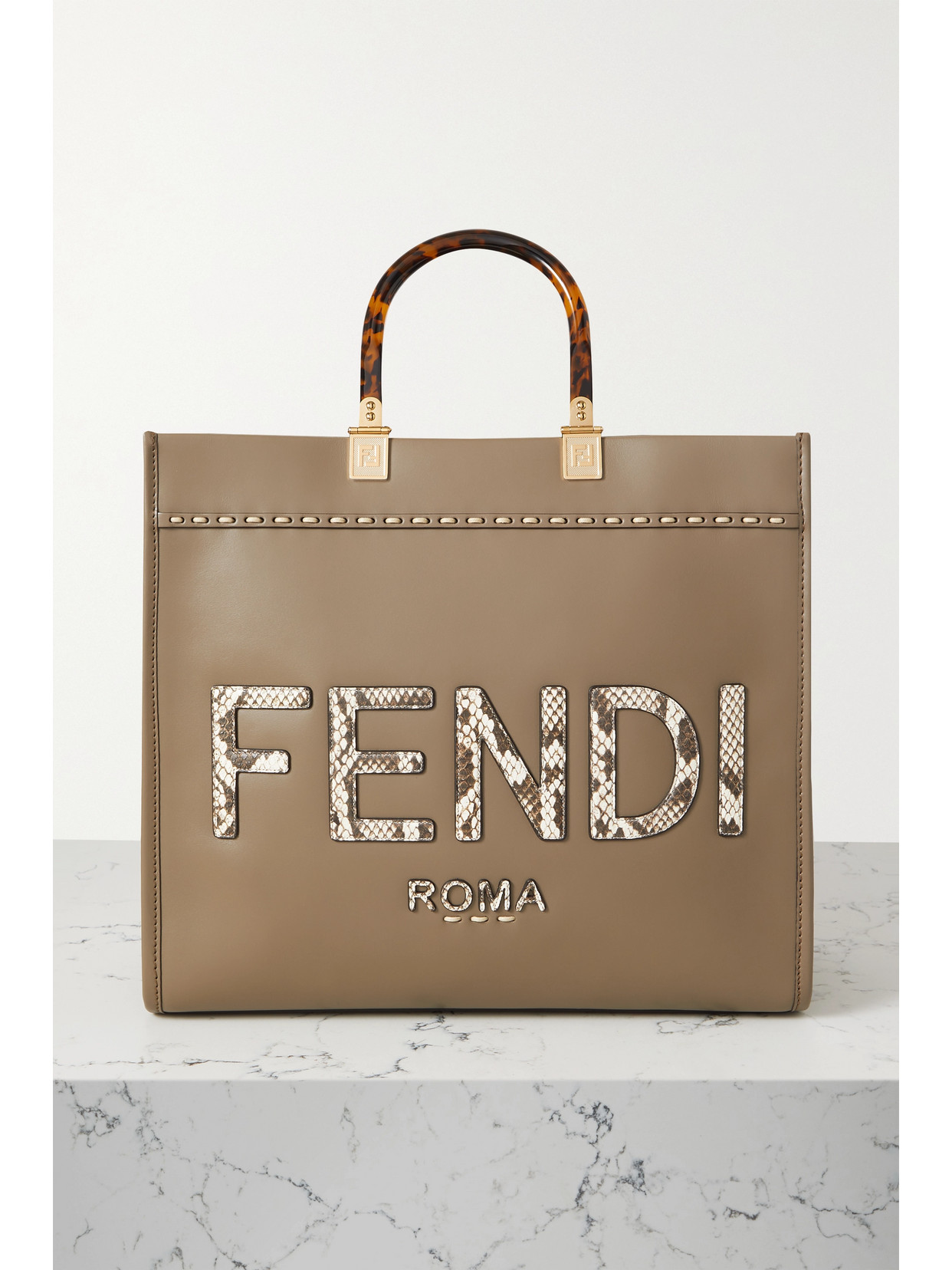 FENDI SUNSHINE SHOPPER LARGE WATERSNAKE-TRIMMED LEATHER TOTE