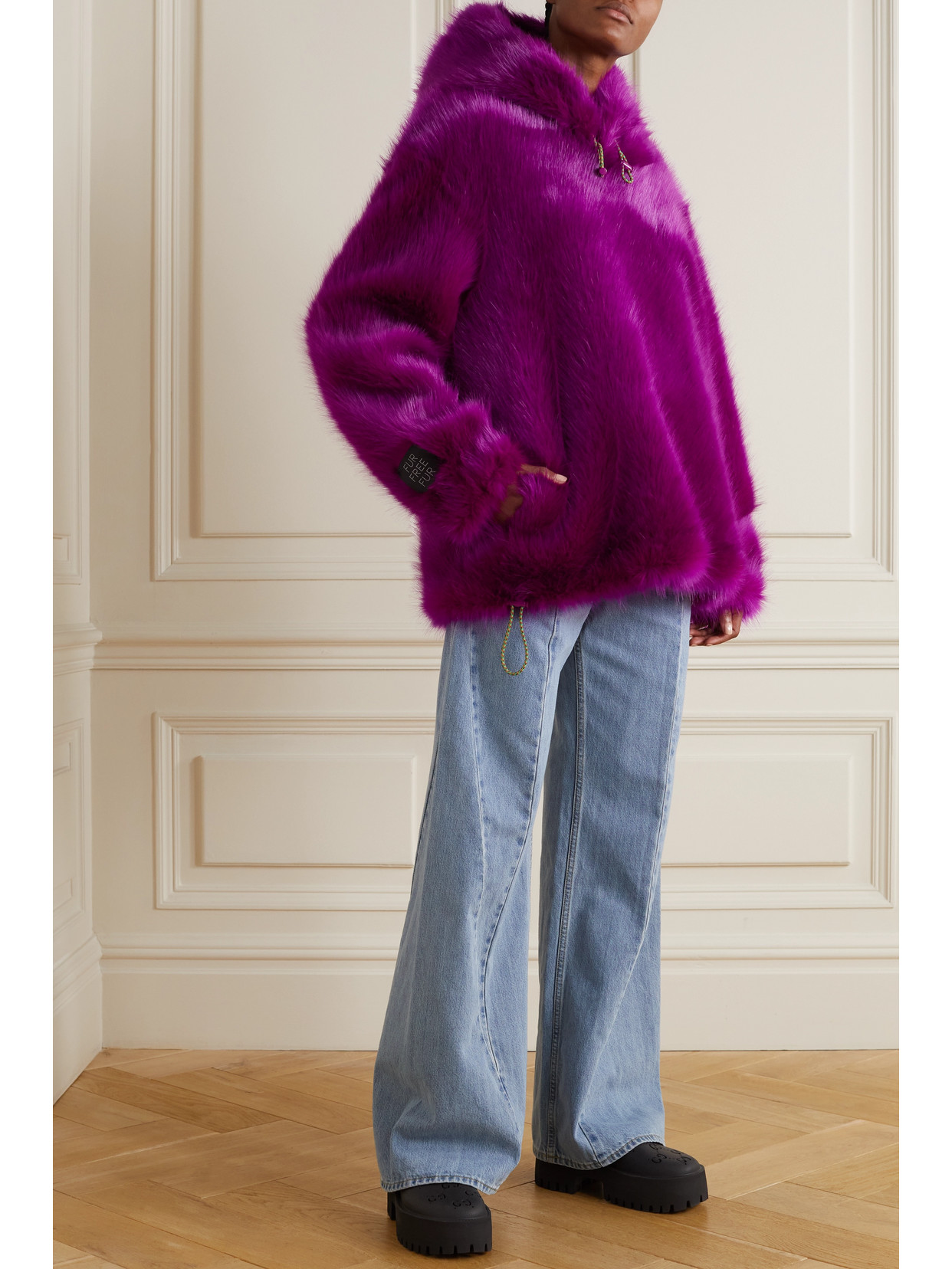 Shop Stella Mccartney Adan Hooded Faux Fur Coat In Purple