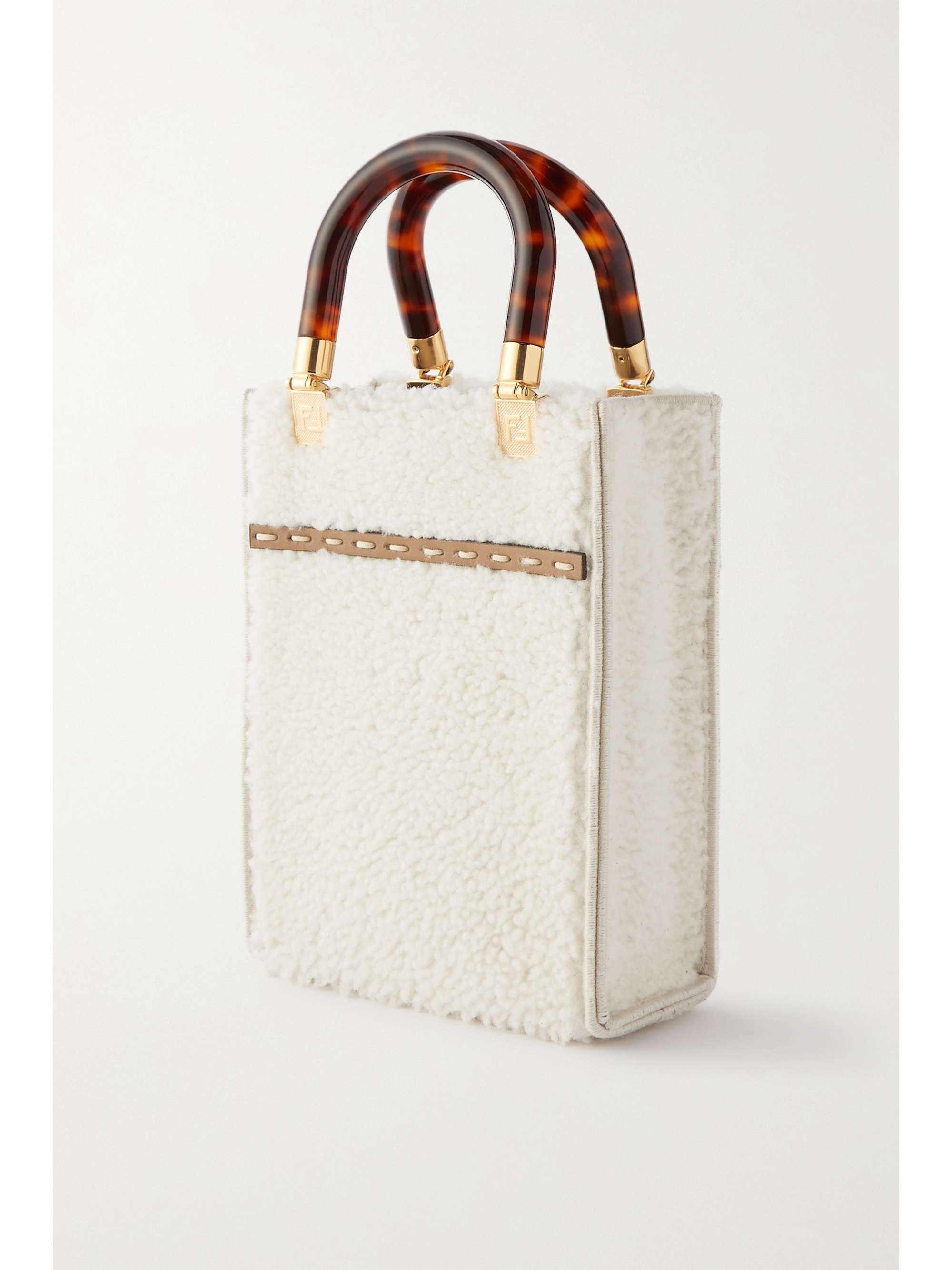 FENDI Sunshine Shopper mini leather-trimmed shearling tote