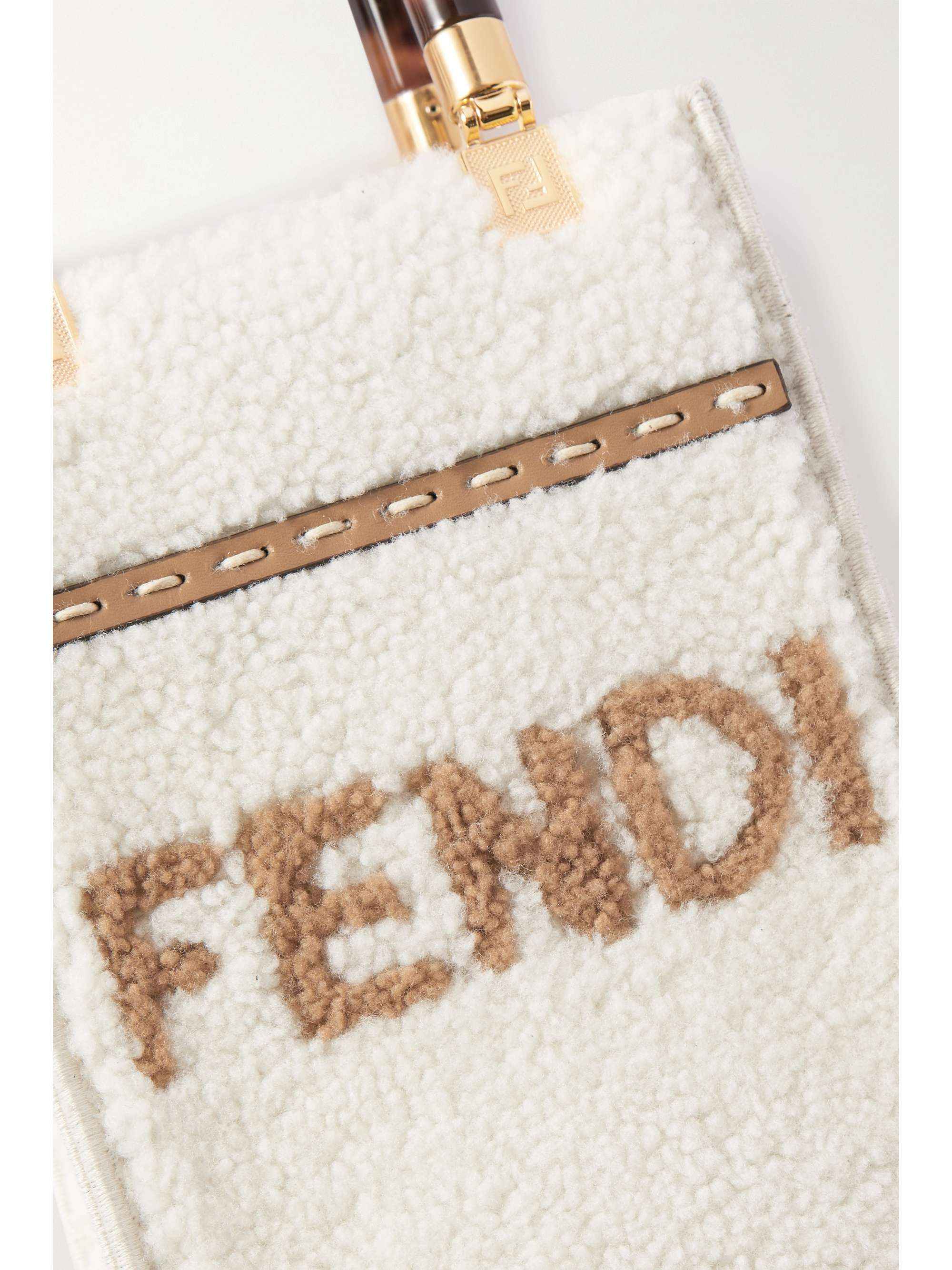 FENDI Sunshine Shopper mini leather-trimmed shearling tote