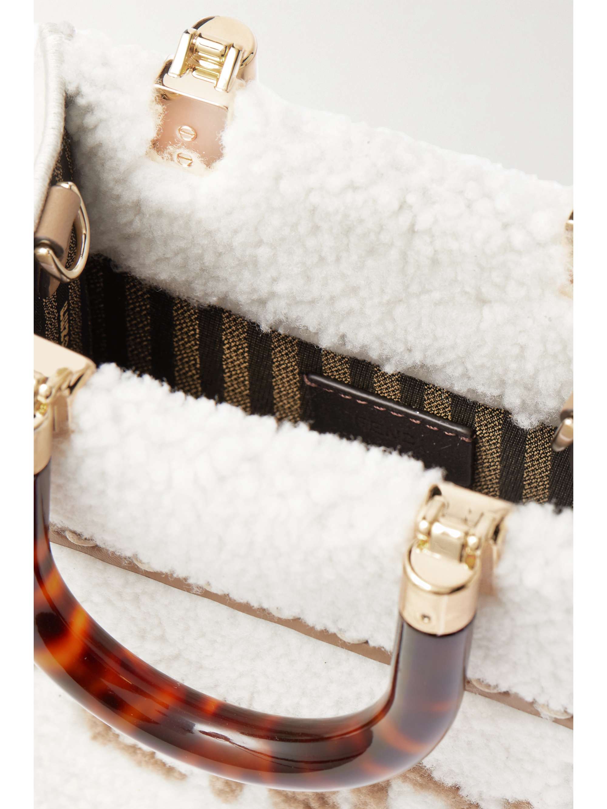 FENDI Sunshine Shopper mini leather-trimmed shearling tote