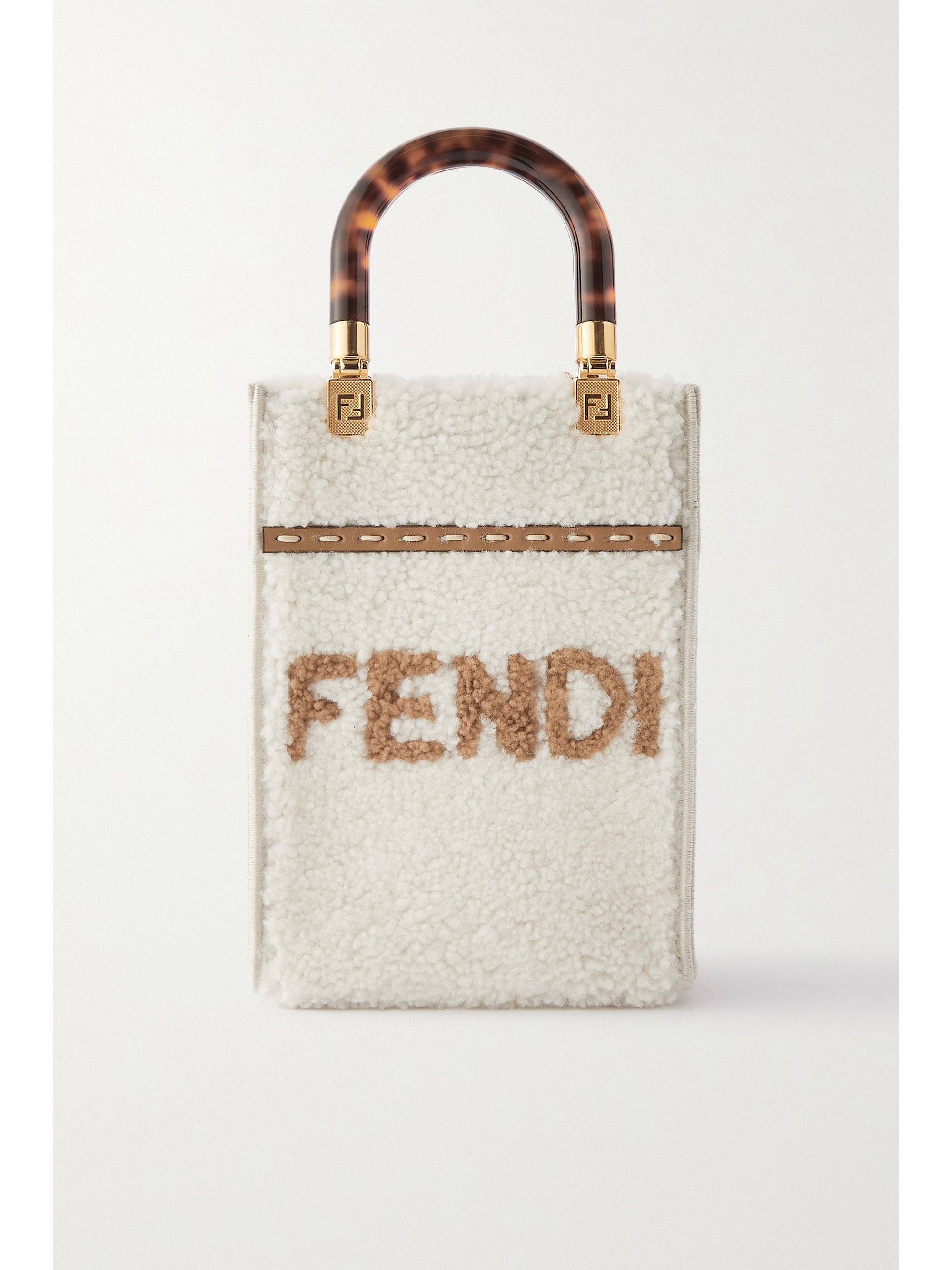 FENDI Sunshine Shopper mini leather-trimmed shearling tote