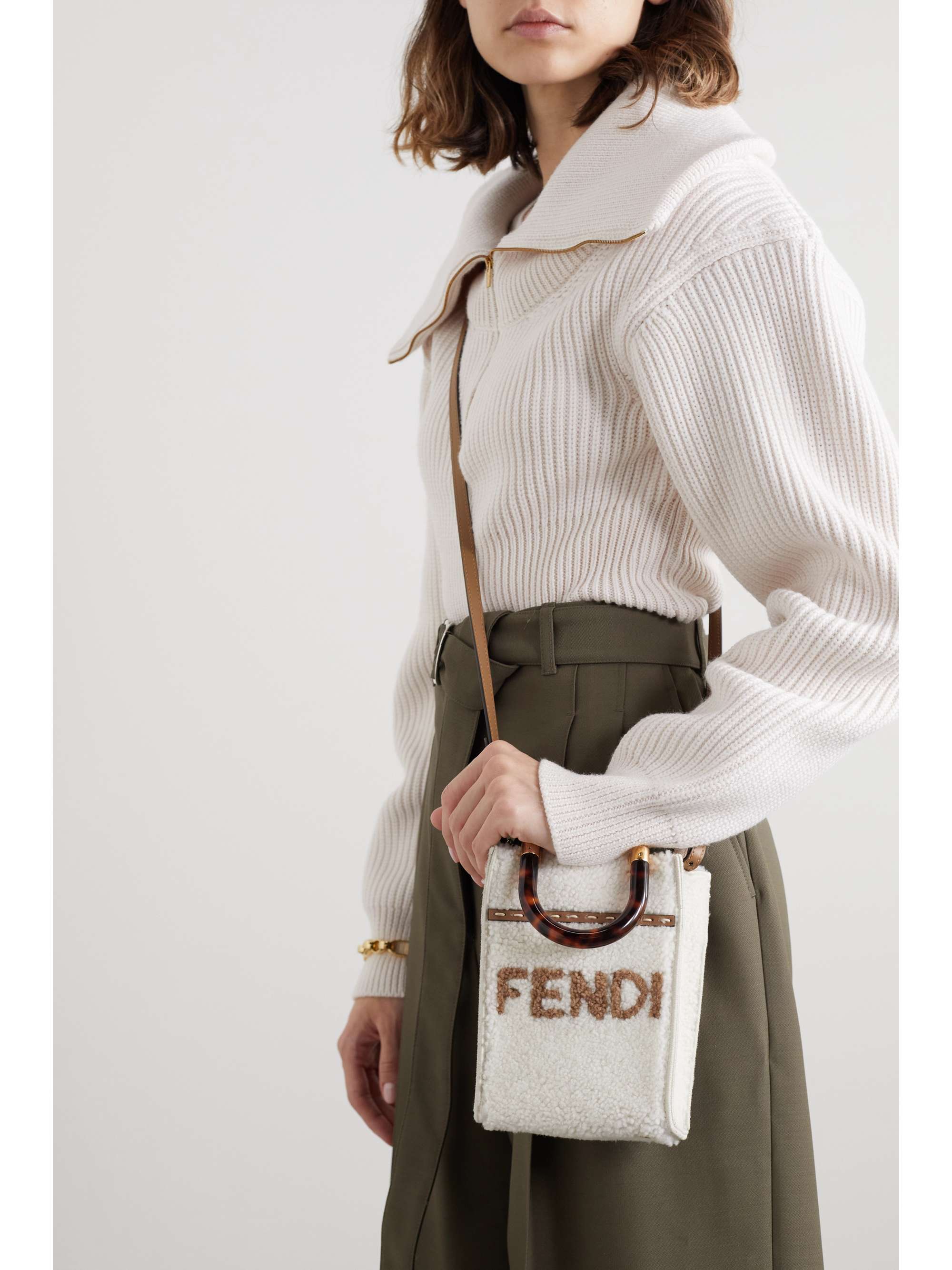 White Sunshine Shopper mini leather-trimmed shearling tote | FENDI ...