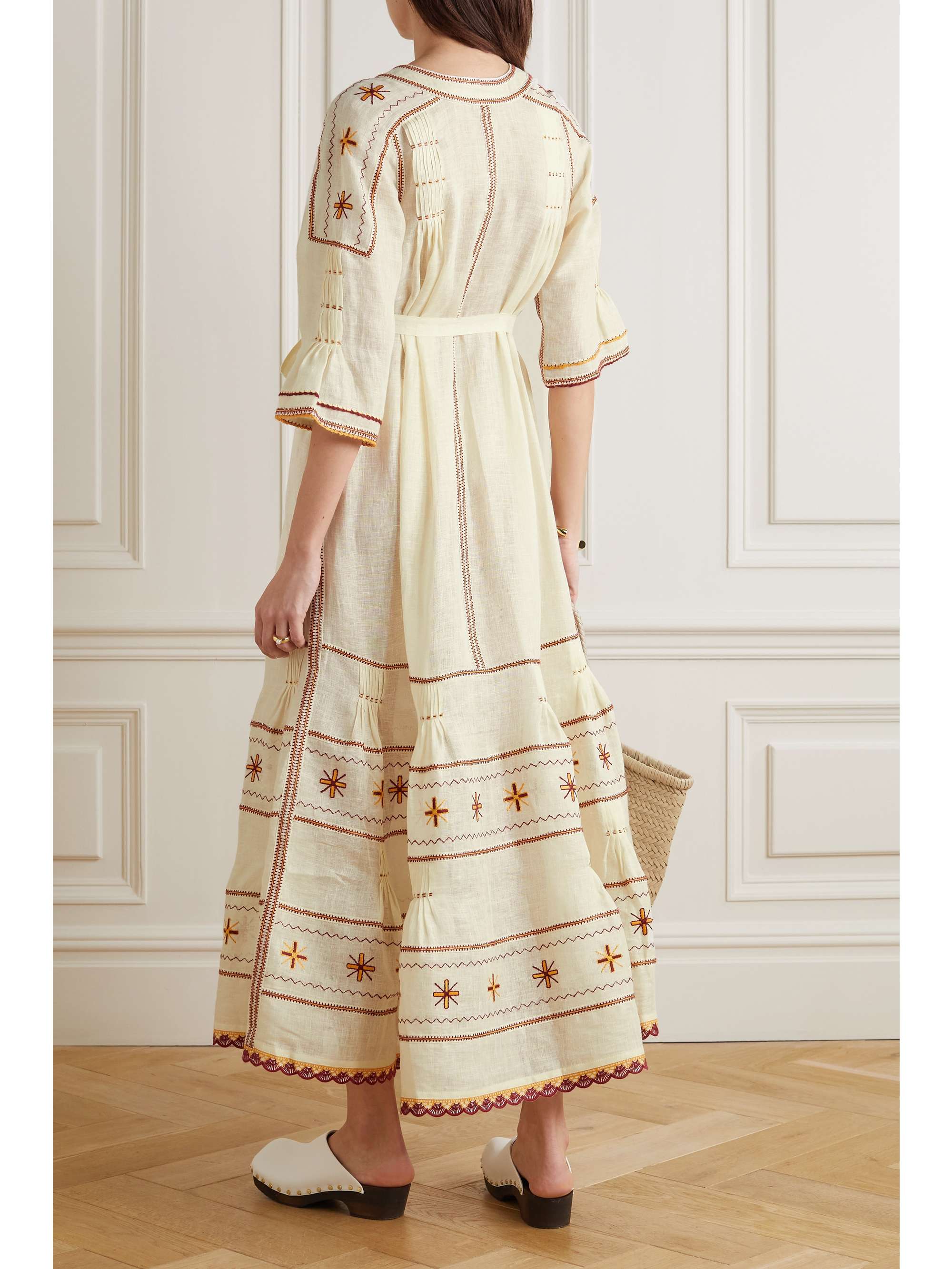 VITA KIN Salma belted embroidered linen-gauze maxi dress