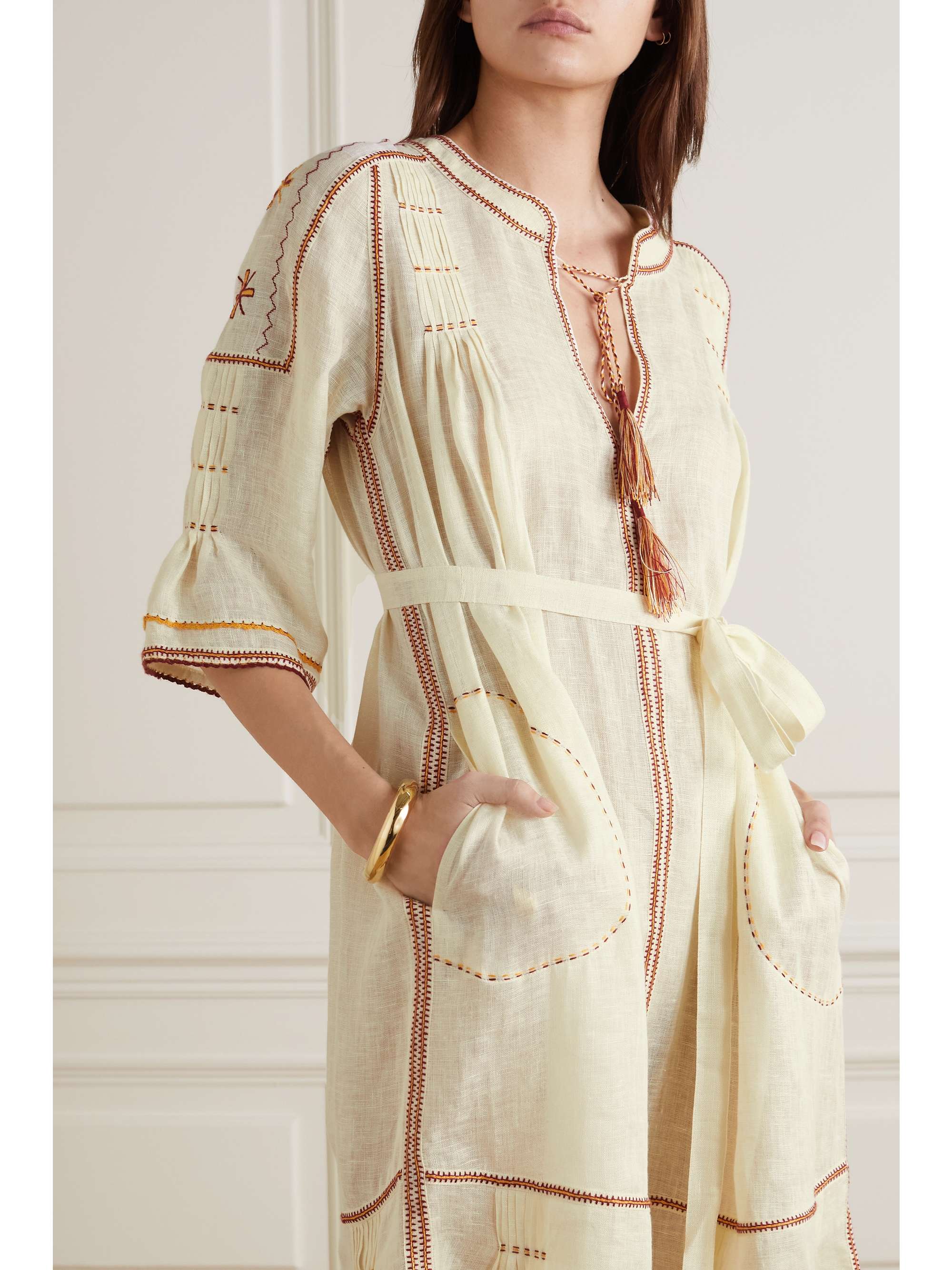 VITA KIN Salma belted embroidered linen-gauze maxi dress