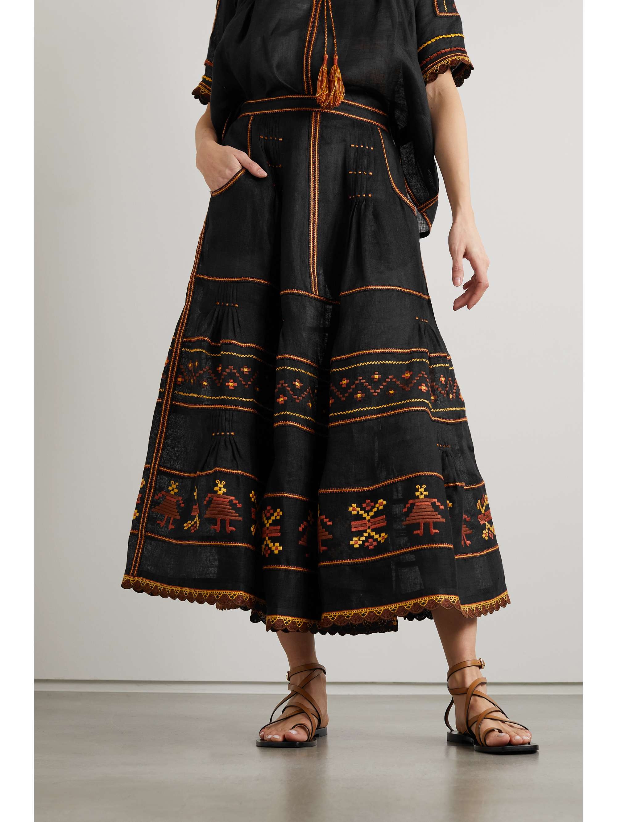 VITA KIN Salma embroidered linen midi skirt