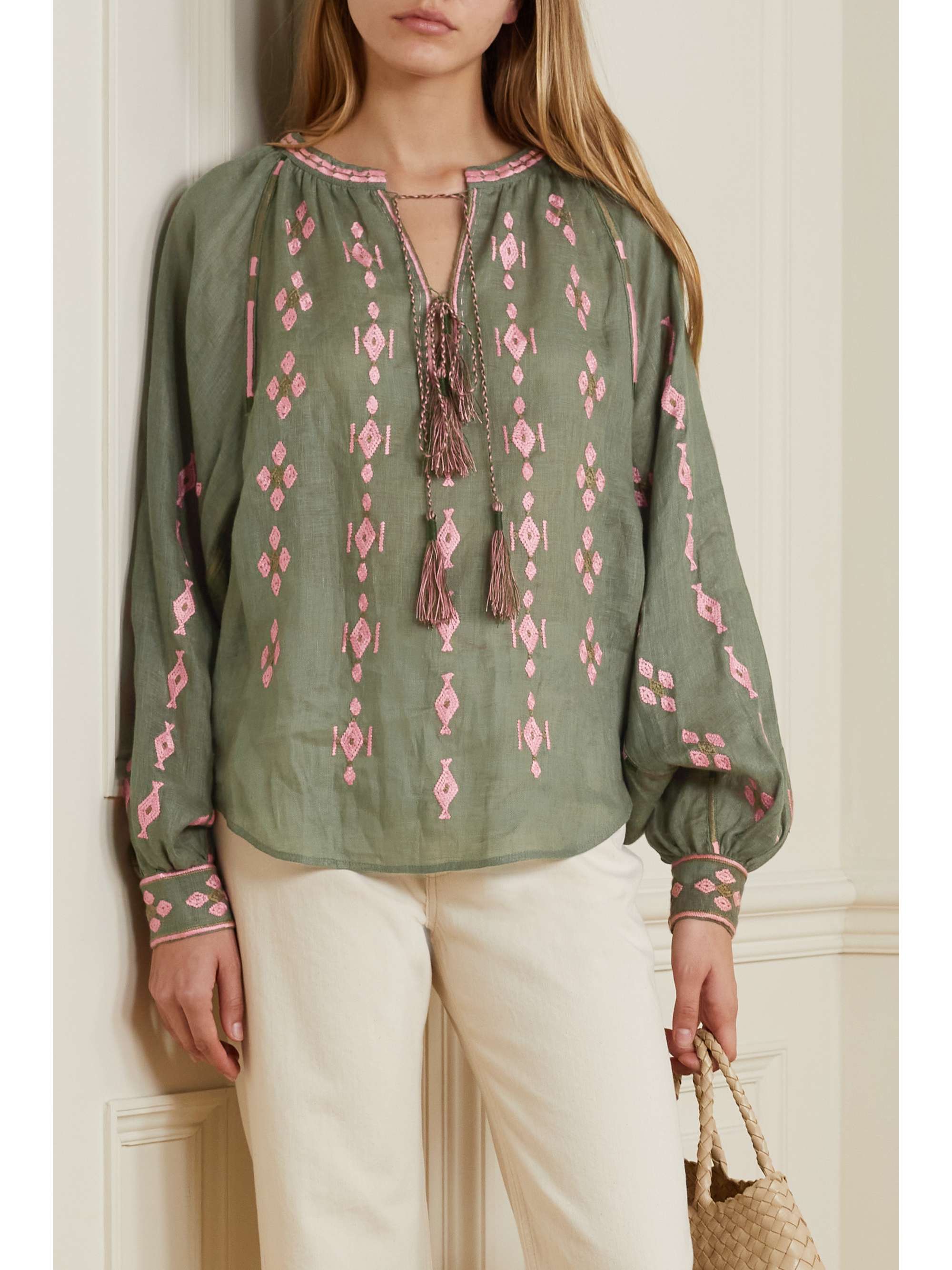 VITA KIN Casablanca tasseled embroidered linen blouse