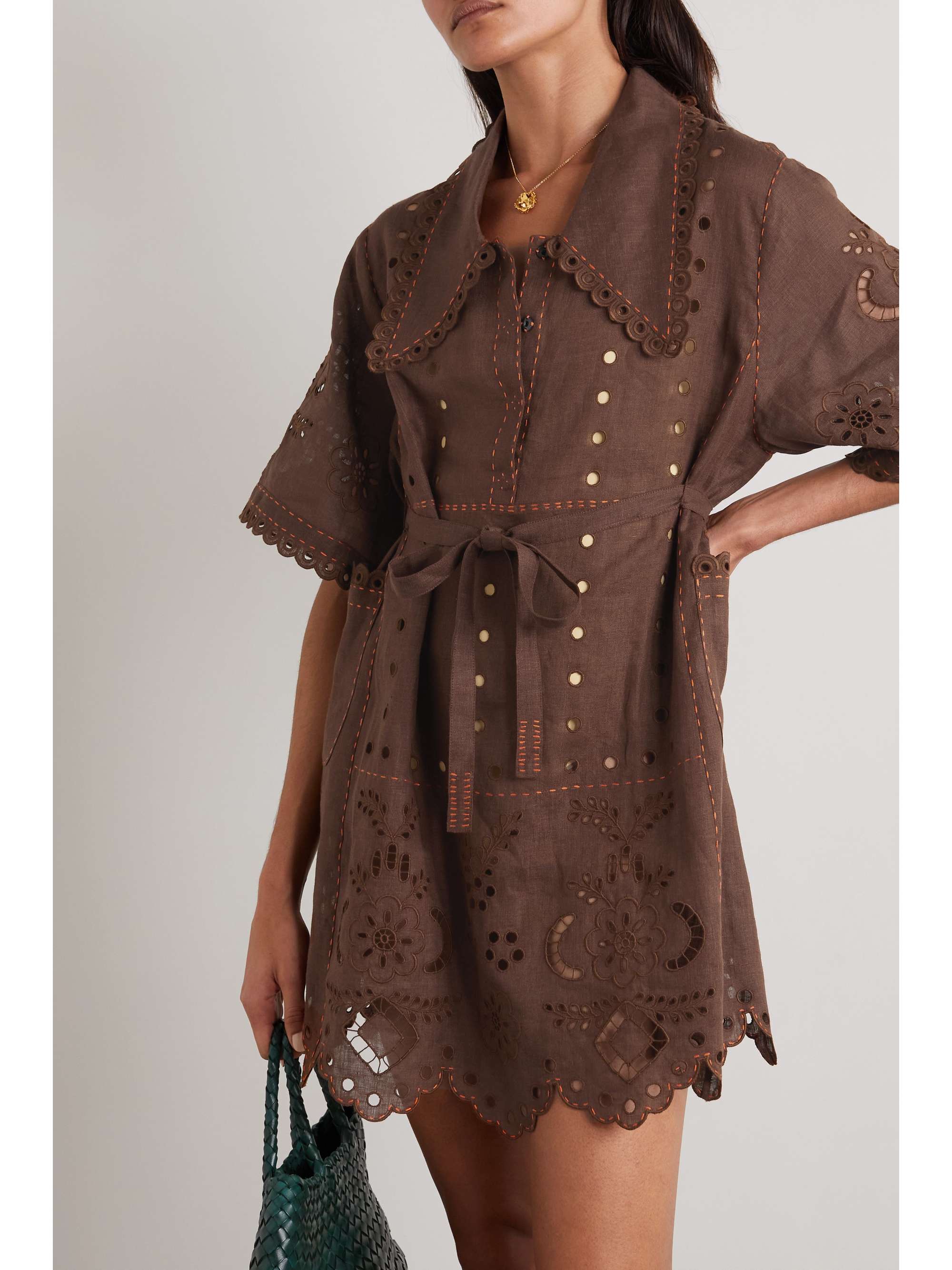 VITA KIN Charlotte belted broderie anglaise linen mini shirt dress