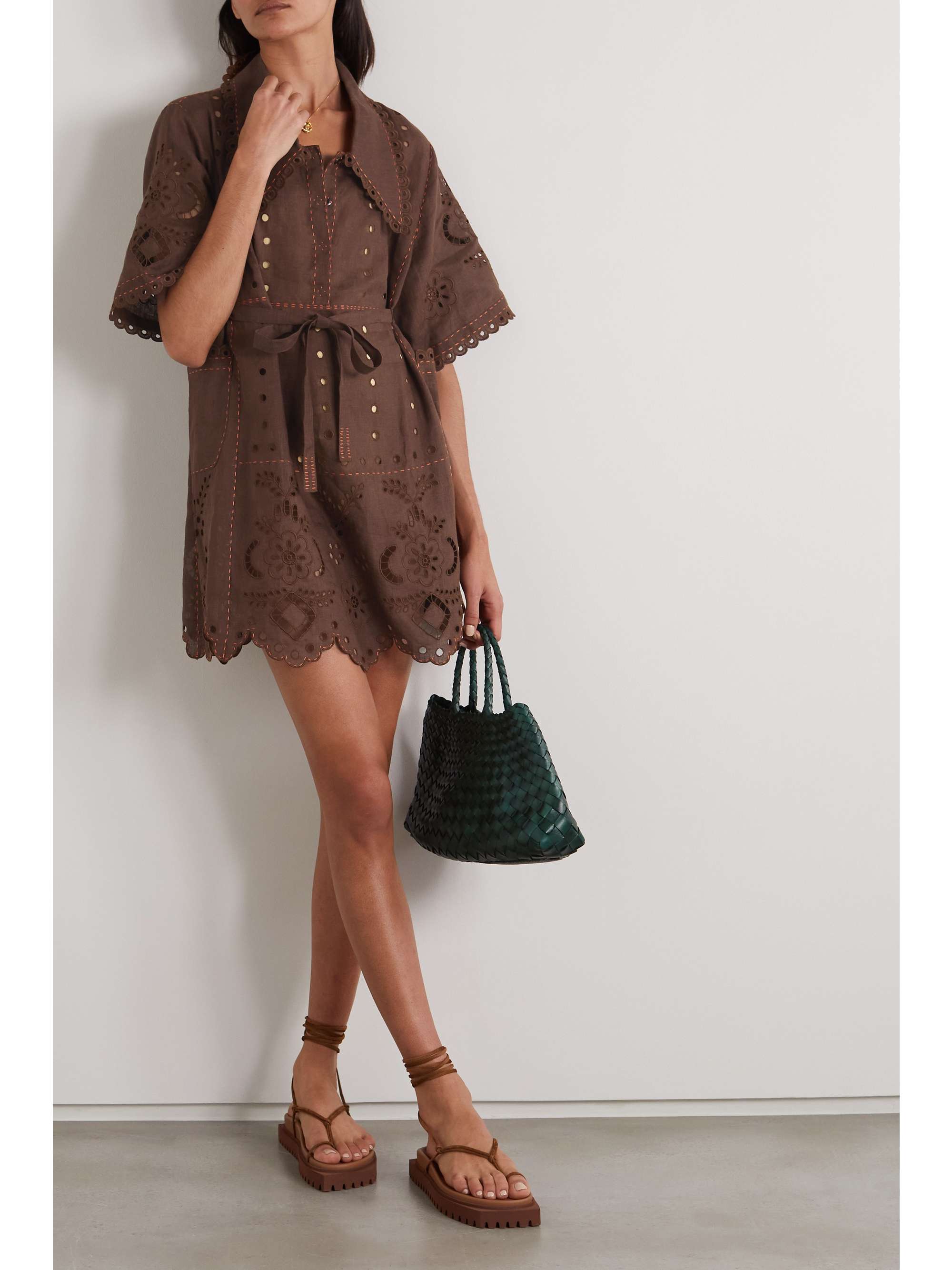 VITA KIN Charlotte belted broderie anglaise linen mini shirt dress