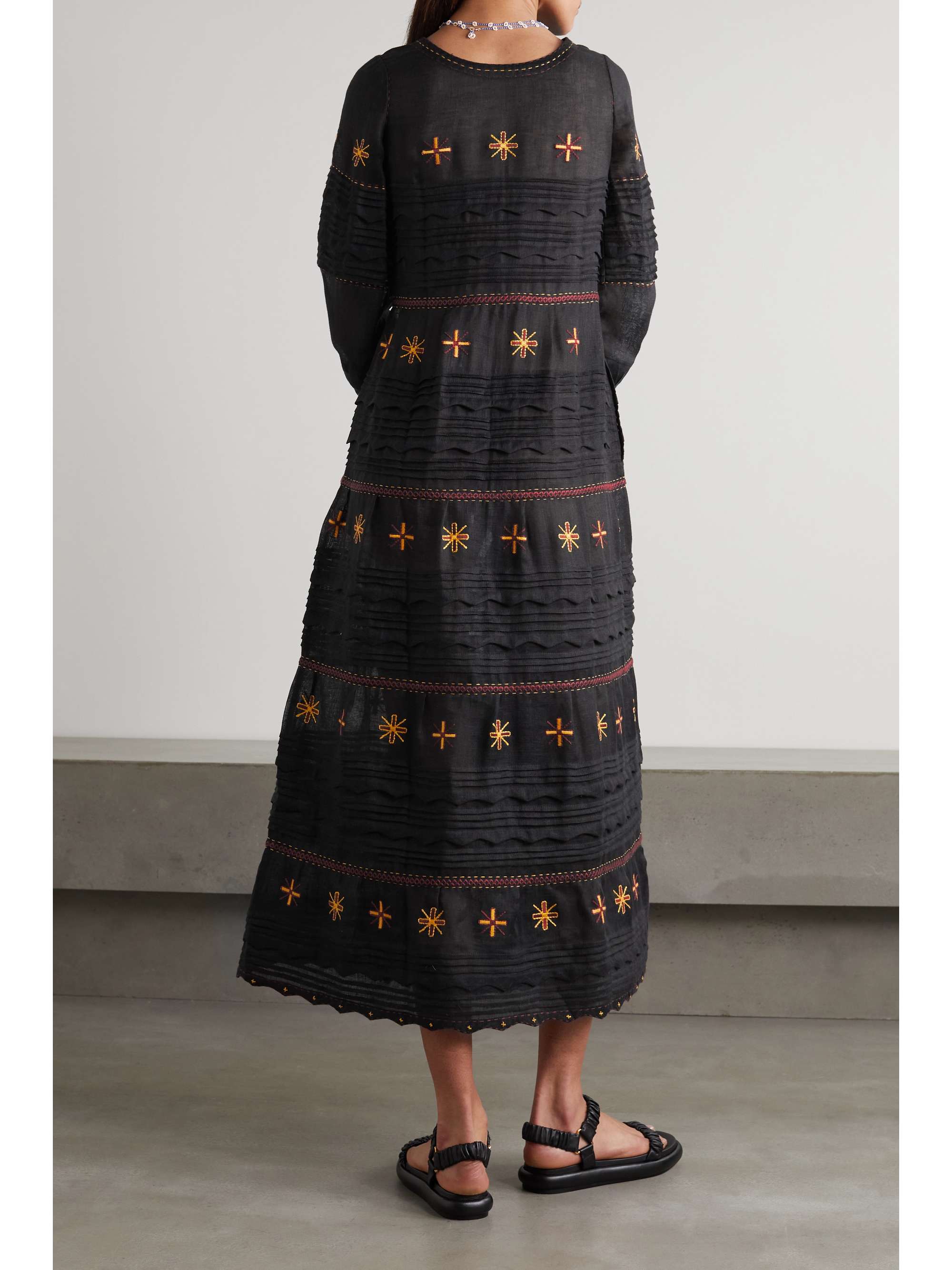VITA KIN Karina pintucked embroidered linen midi dress