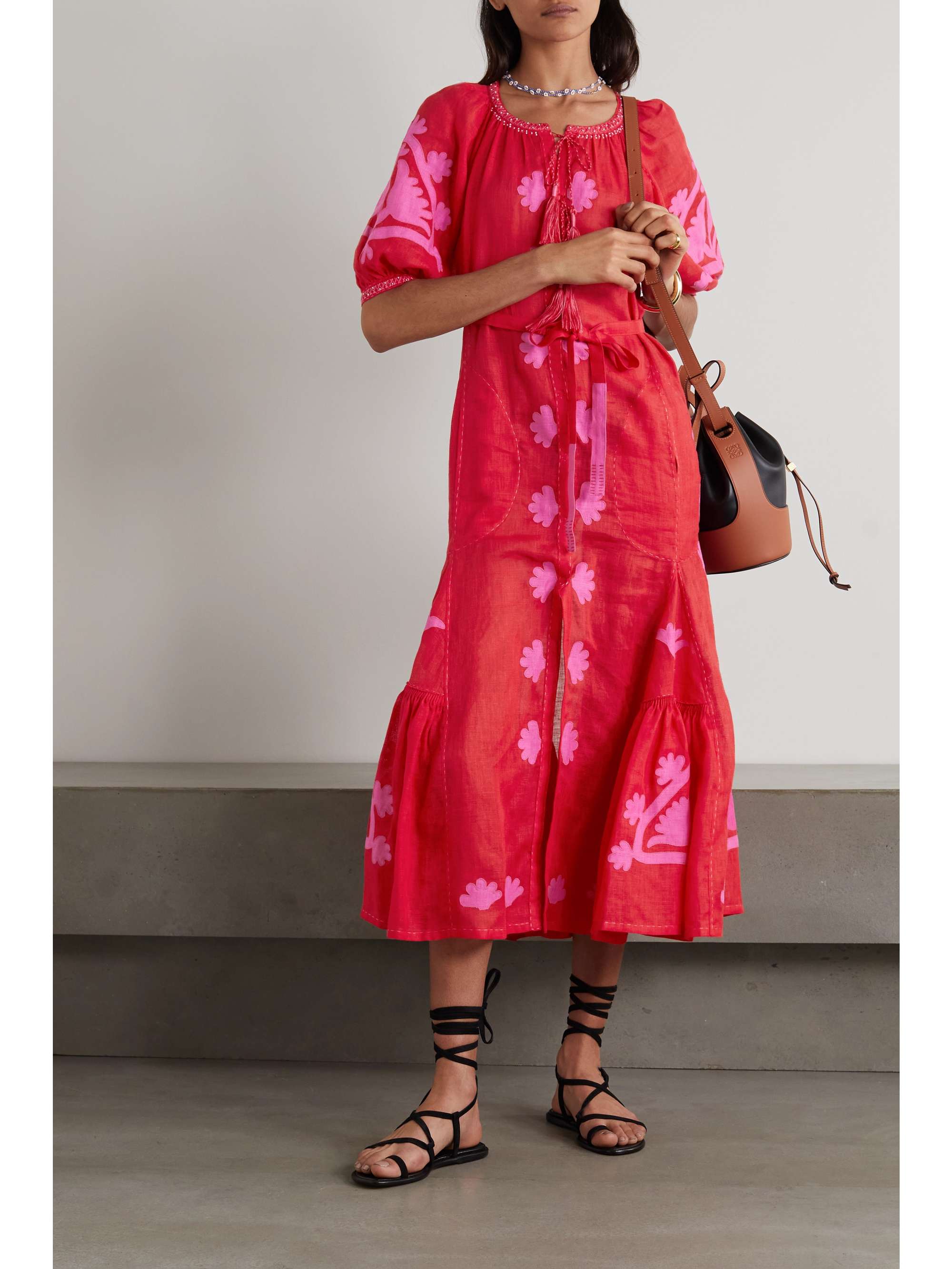VITA KIN Shalimar embellished appliquéd linen midi dress