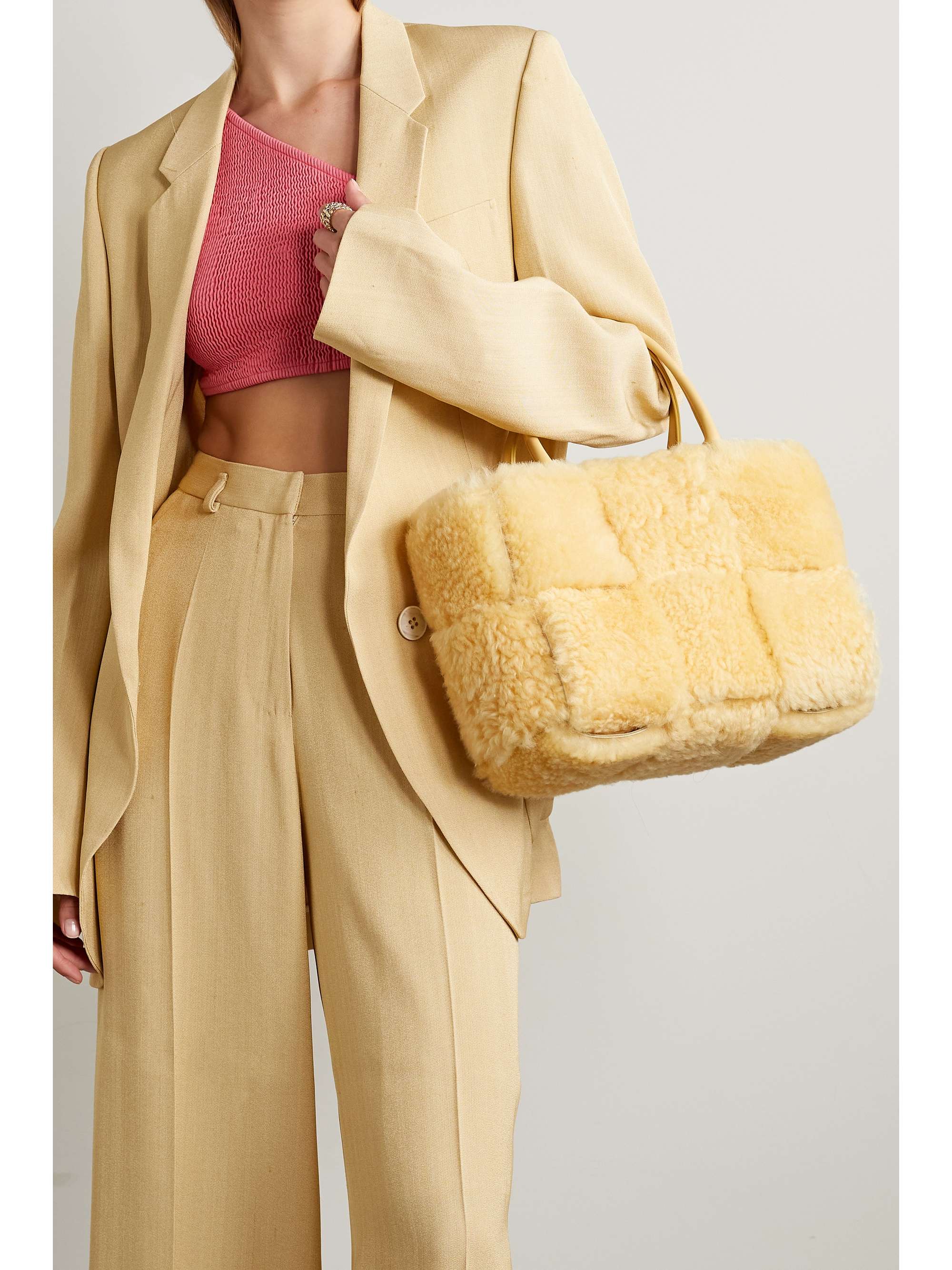 Beige Arco small leather-trimmed intrecciato shearling tote | BOTTEGA VENETA  | NET-A-PORTER