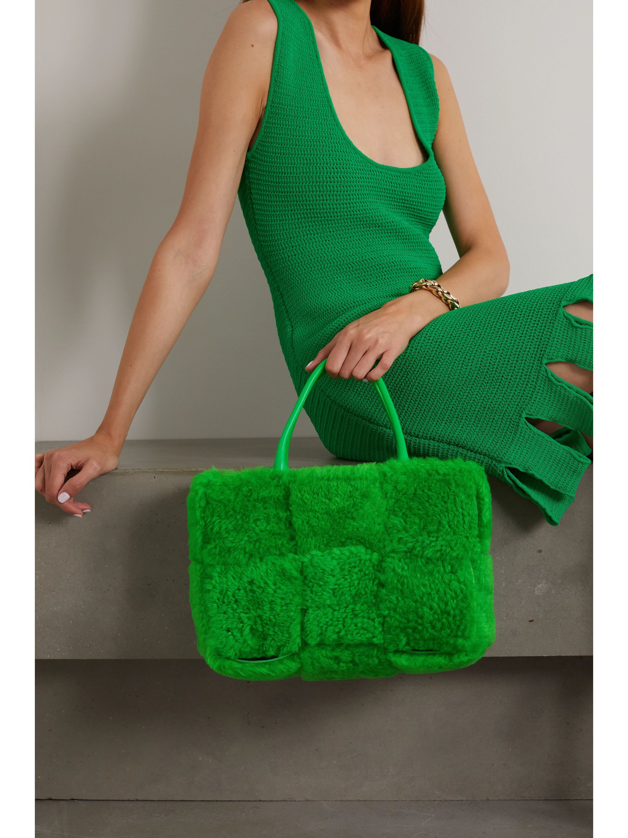 BOTTEGA VENETA Arco small leather-trimmed intrecciato shearling tote
