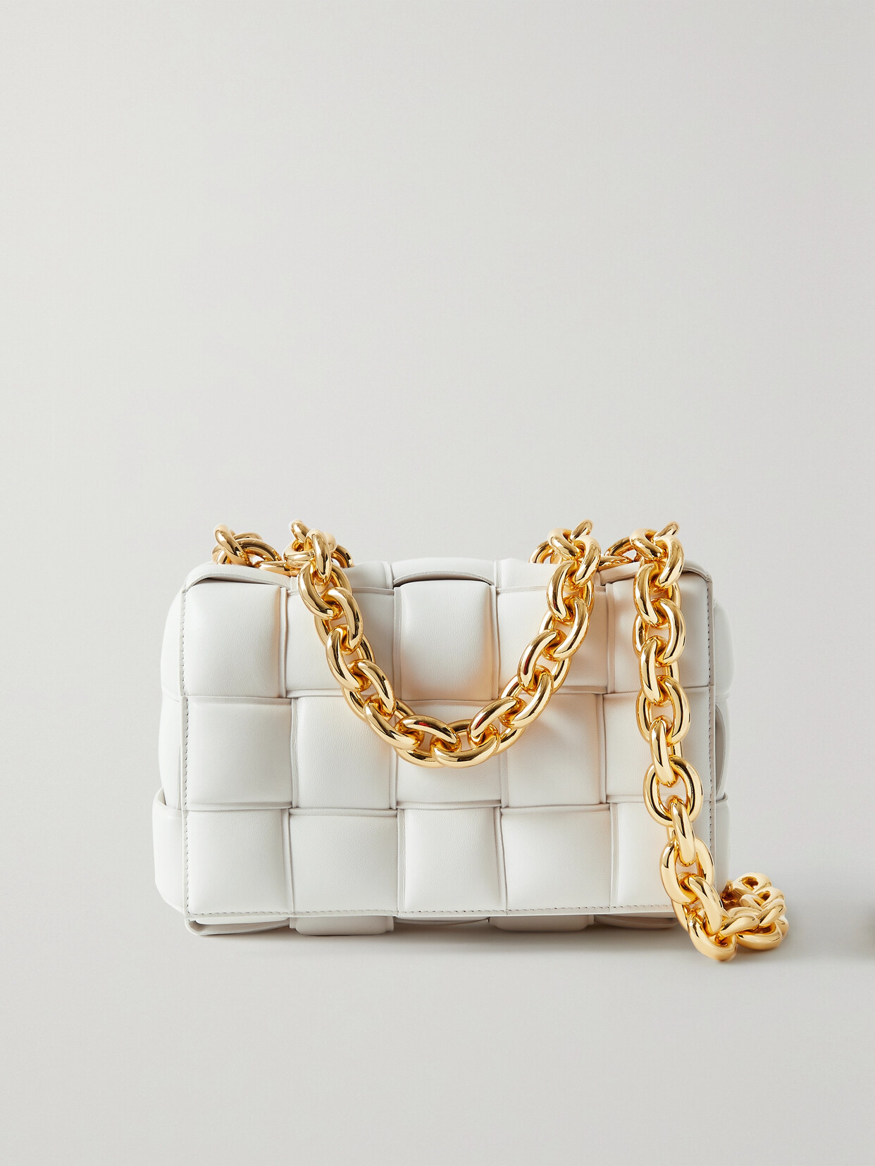Bottega Veneta Cassette Chain-embellished Padded Intrecciato Leather Shoulder Bag In White