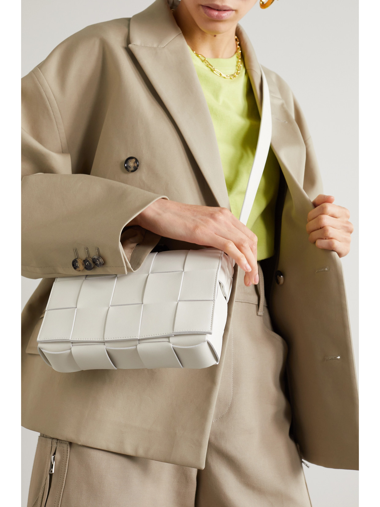 Bottega Veneta Cassette Intrecciato Leather Shoulder Bag In White