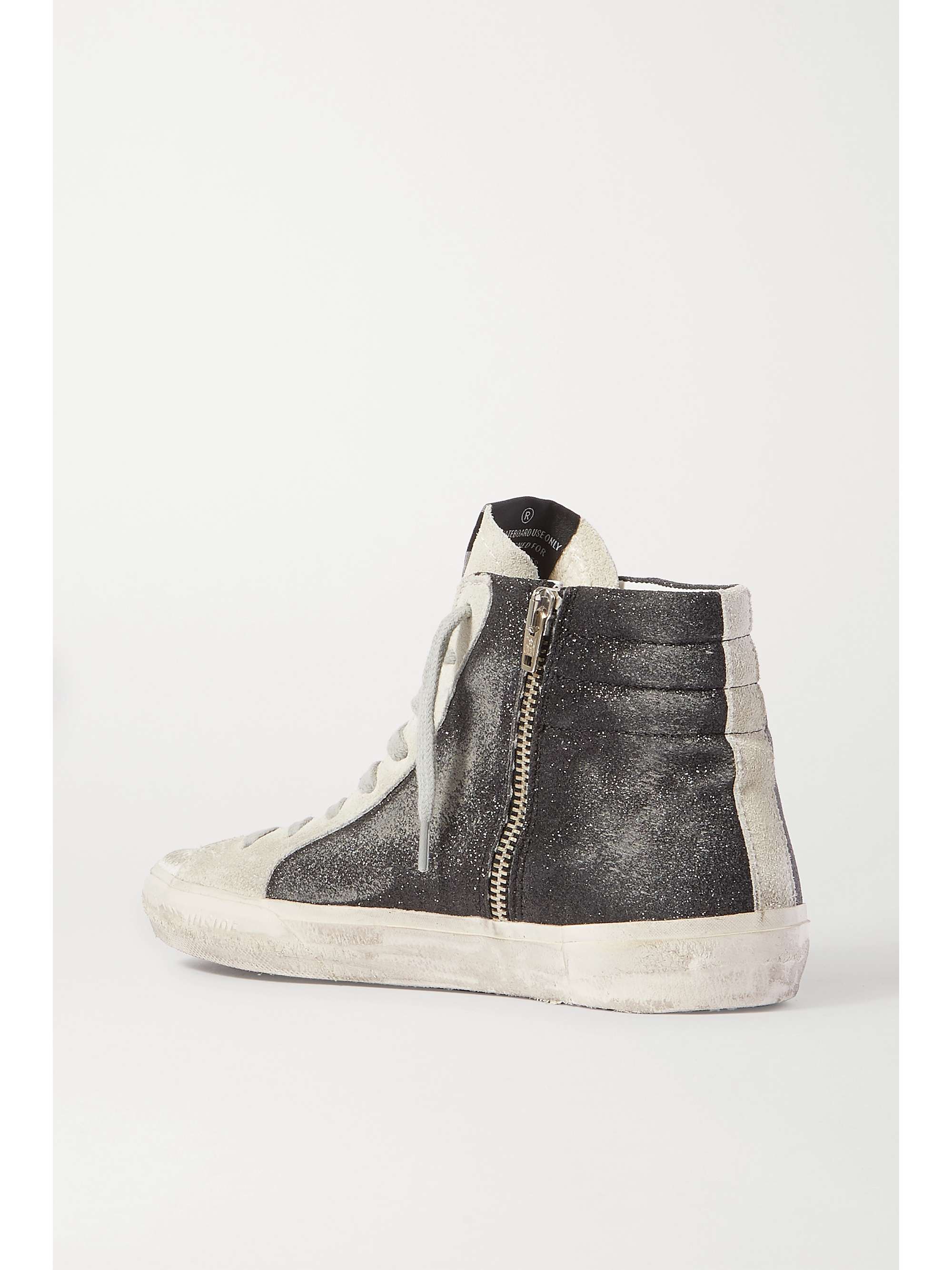 GOLDEN GOOSE Slide distressed suede-trimmed leather and Lurex high-top sneakers