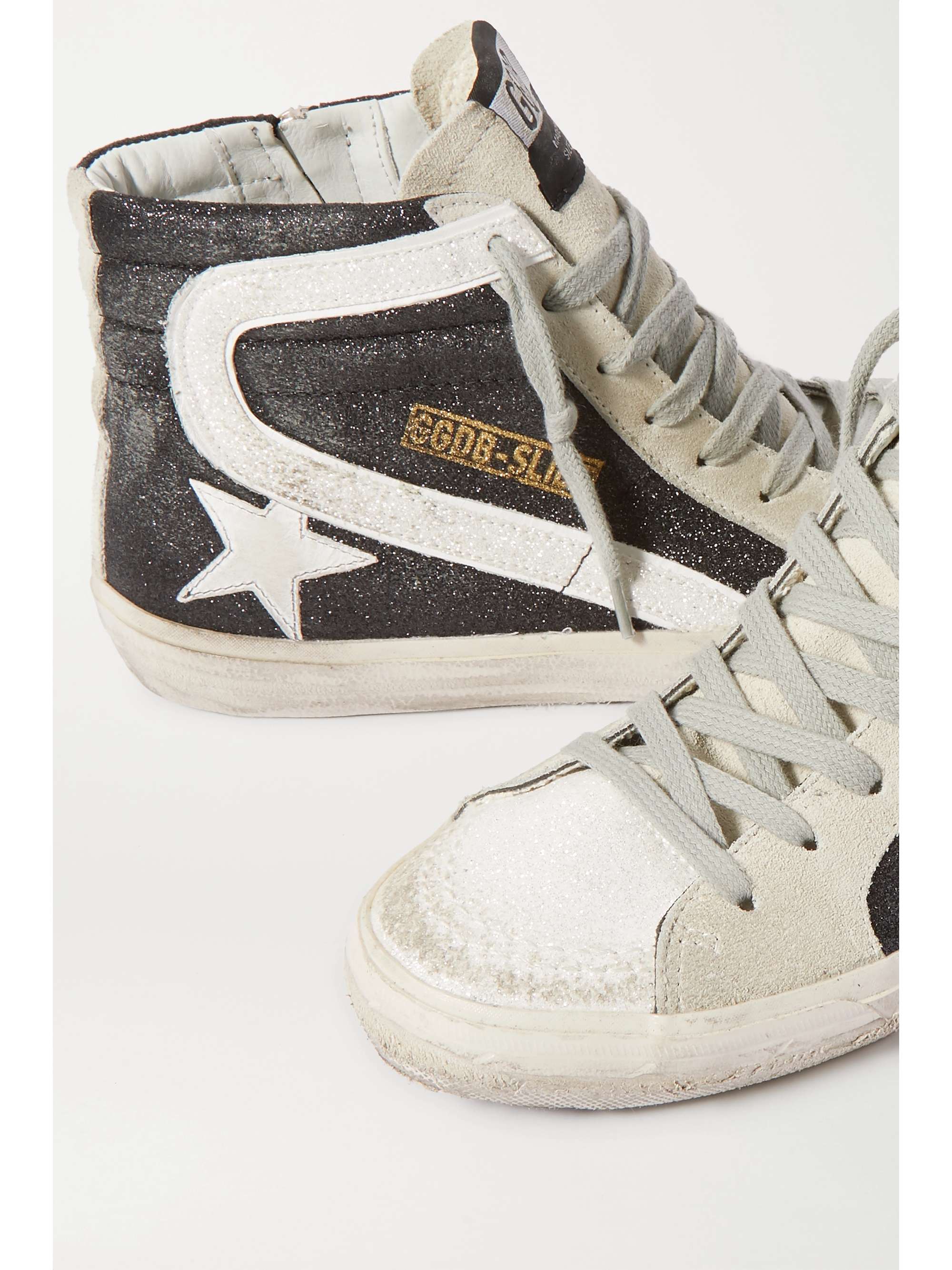 GOLDEN GOOSE Slide distressed suede-trimmed leather and Lurex high-top sneakers