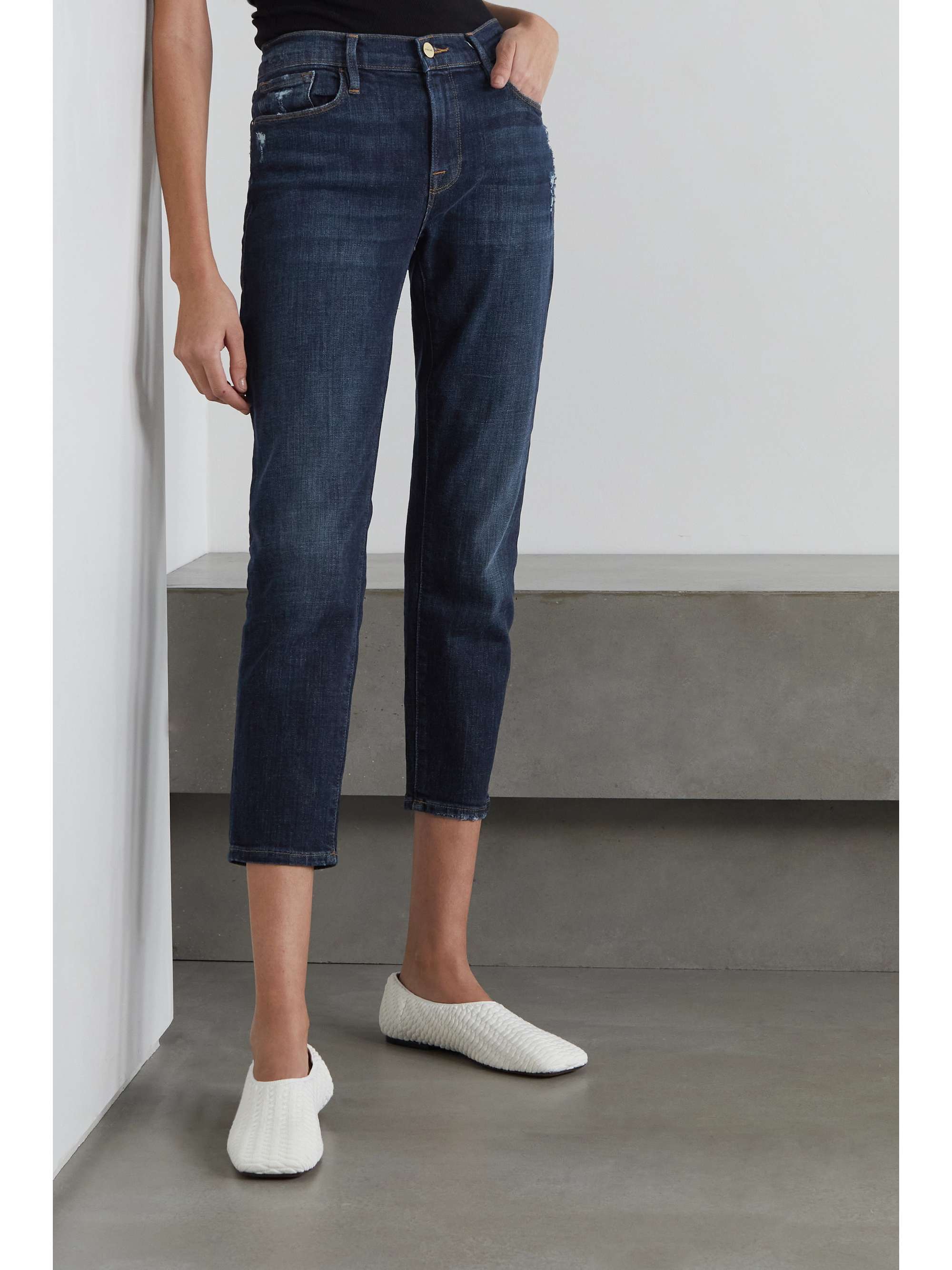 Dark denim Le Garcon cropped distressed slim boyfriend jeans | FRAME |  NET-A-PORTER