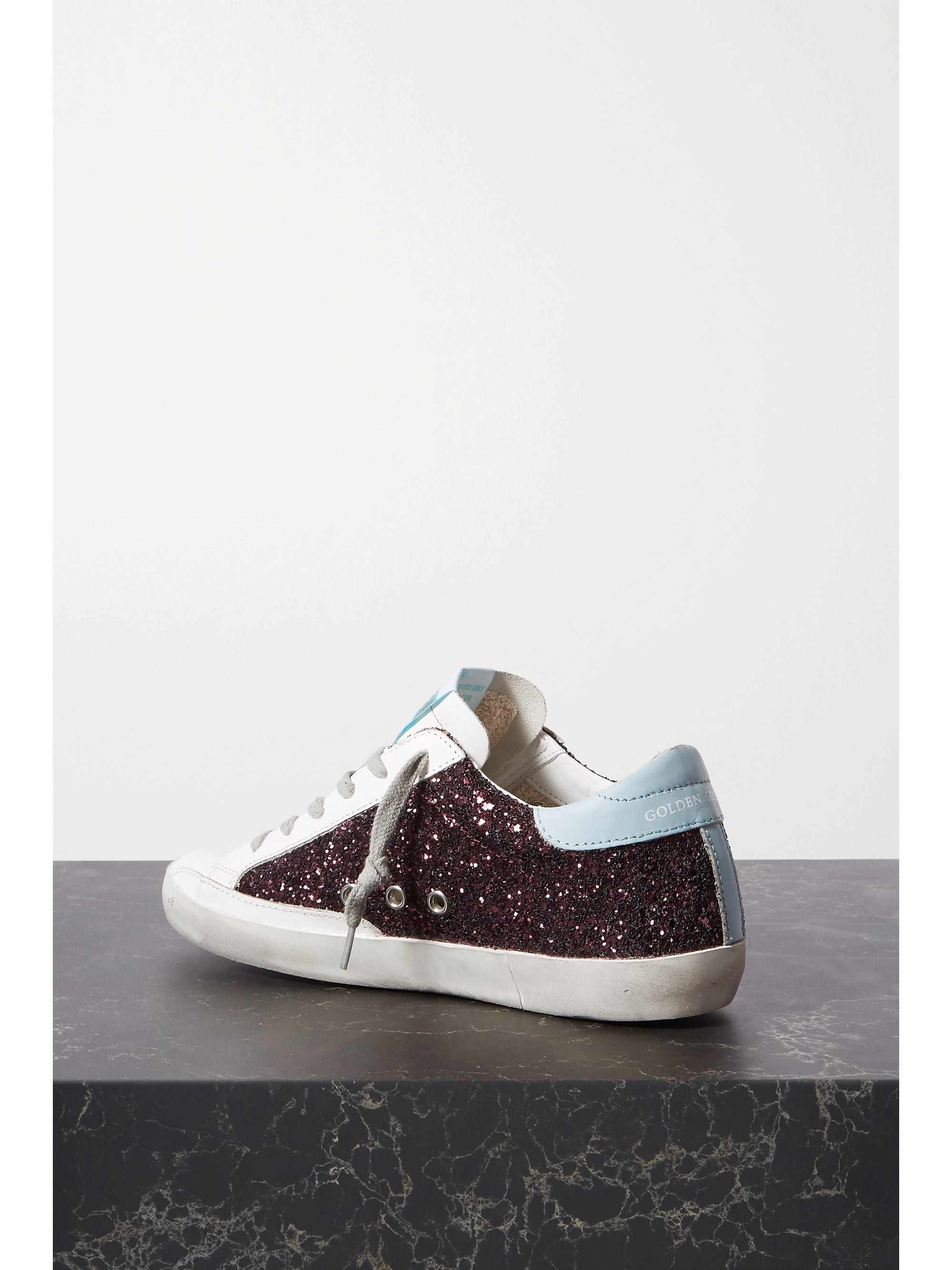 Pink Superstar distressed glittered leather sneakers | GOLDEN GOOSE | NET-A-PORTER