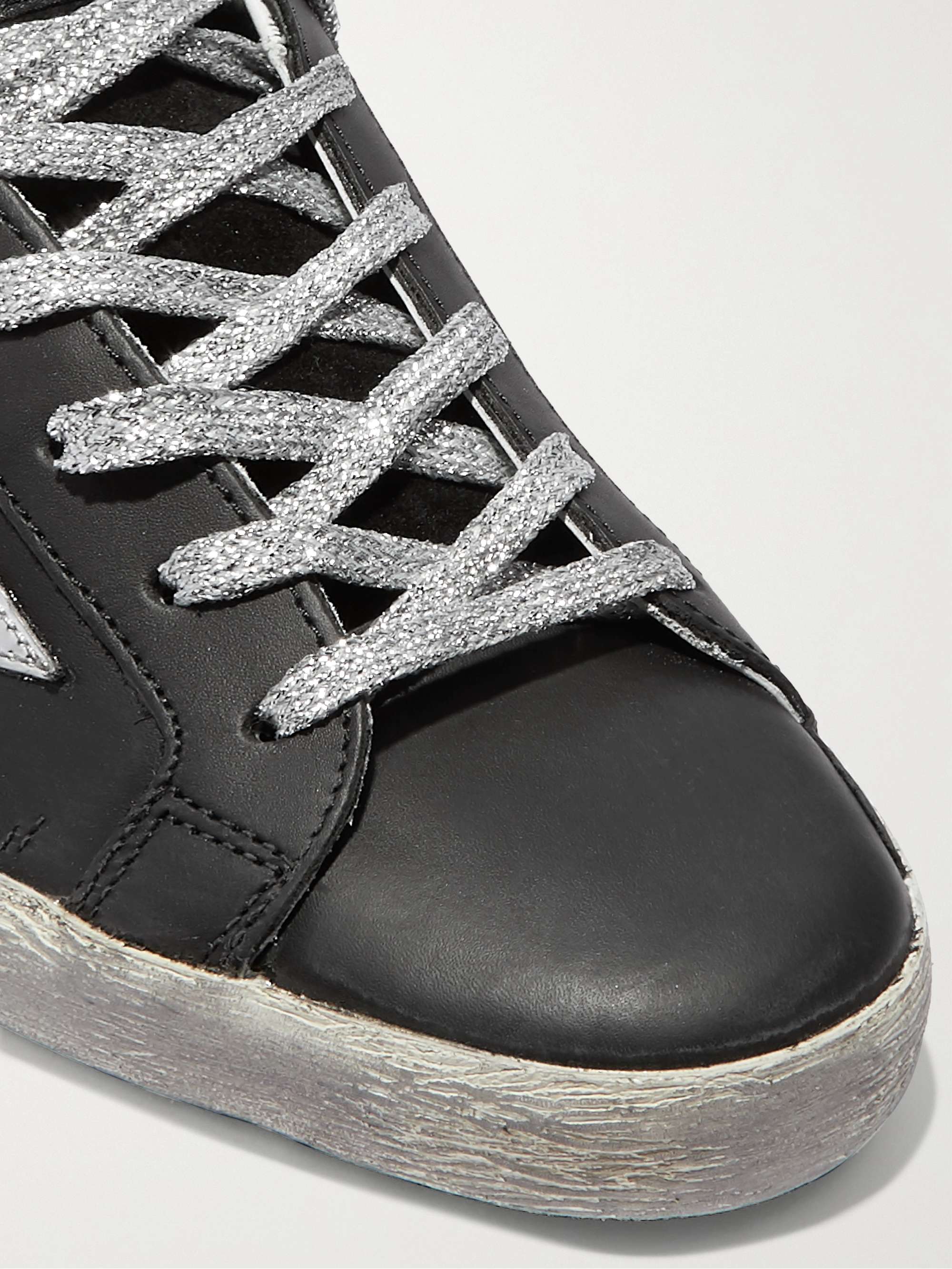 GOLDEN GOOSE Superstar metallic distressed leather and suede sneakers ...