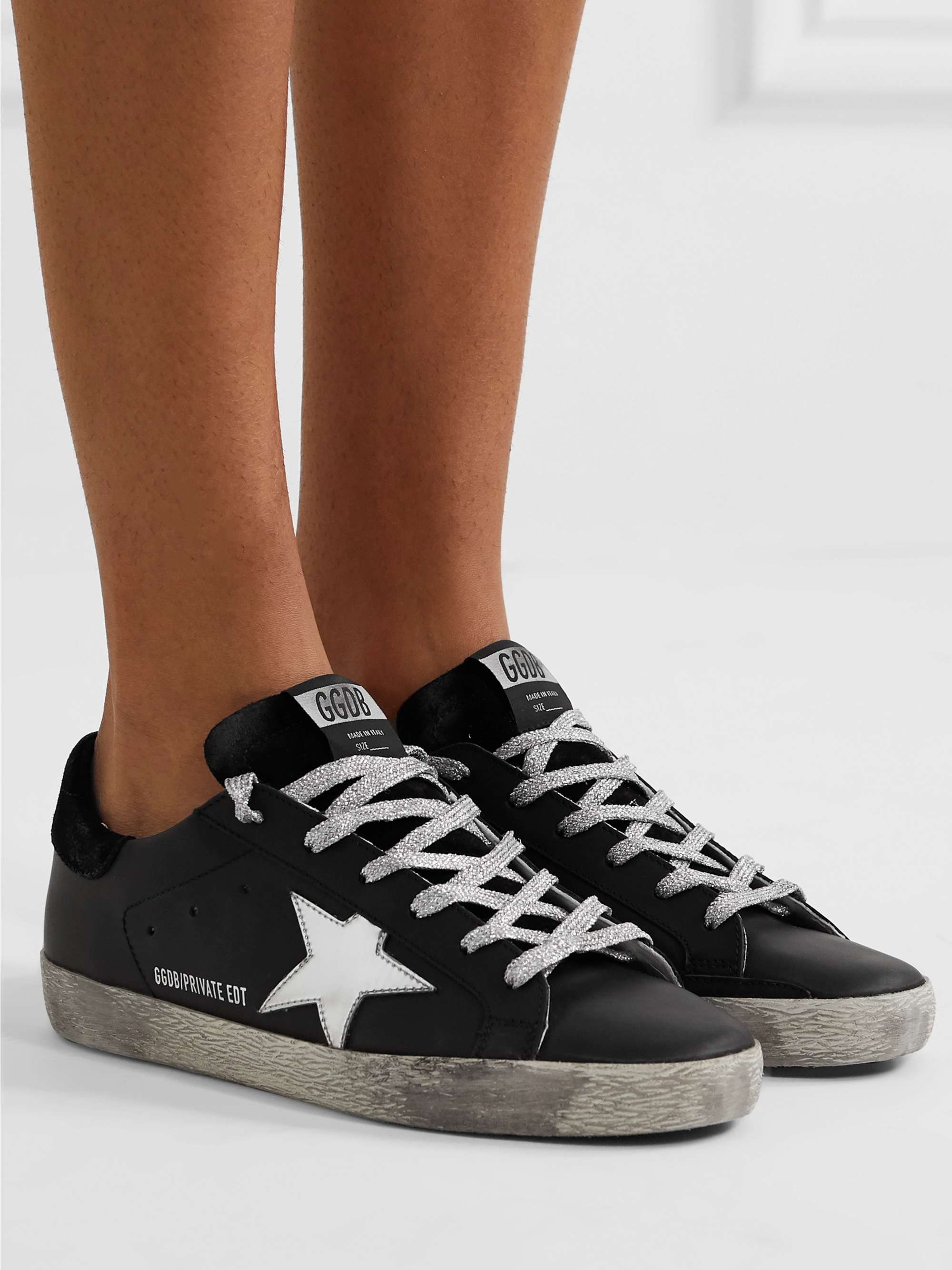 GOLDEN GOOSE Superstar metallic distressed leather and suede sneakers ...