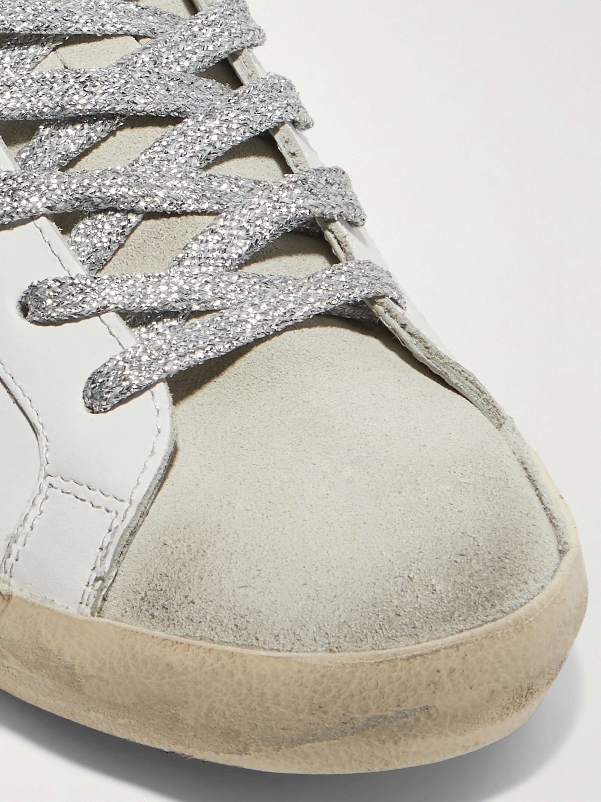 GOLDEN GOOSE Superstar distressed printed leather and suede sneakers ...