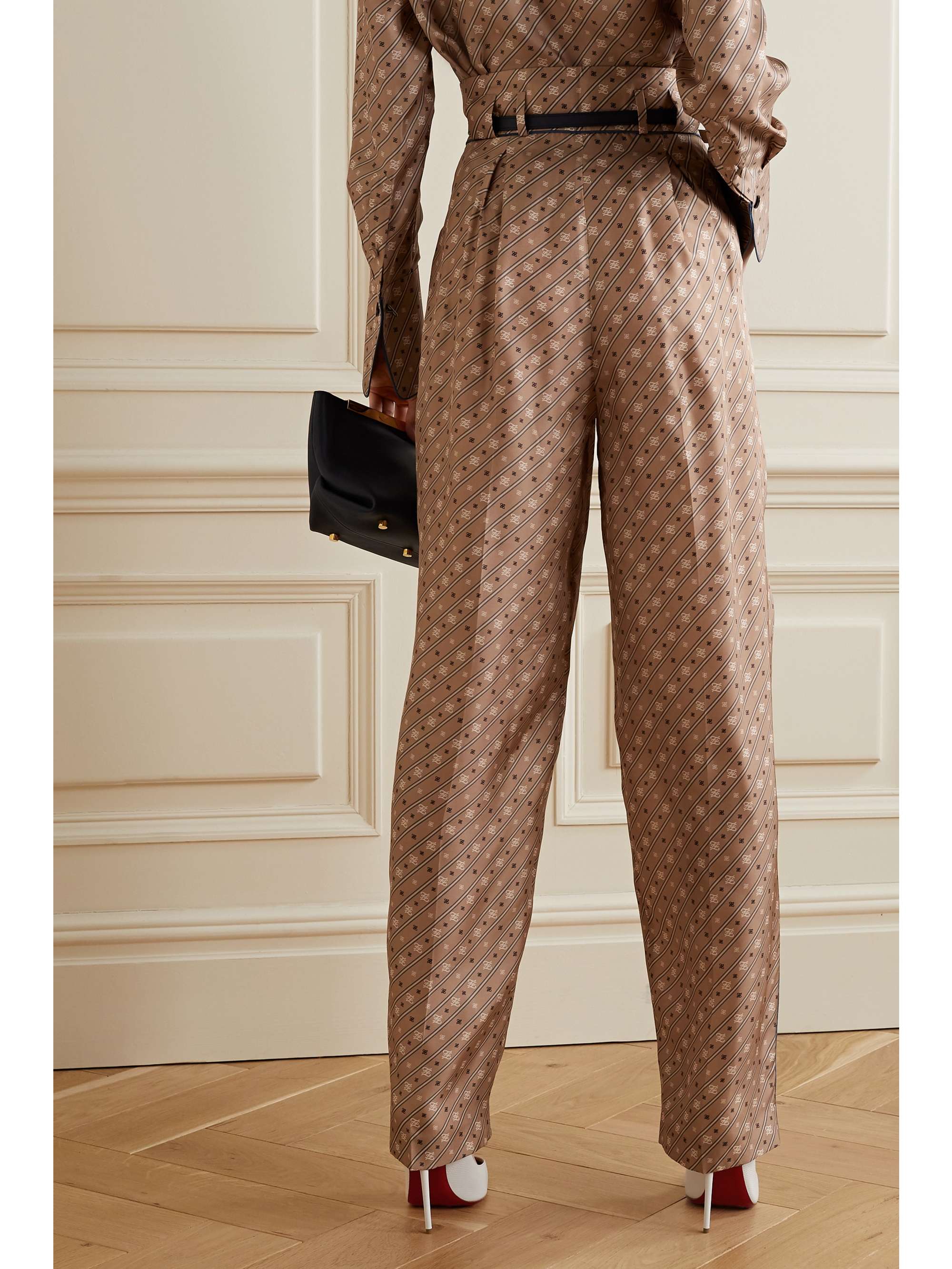 FENDI Belted printed silk-satin twill wide-leg pants